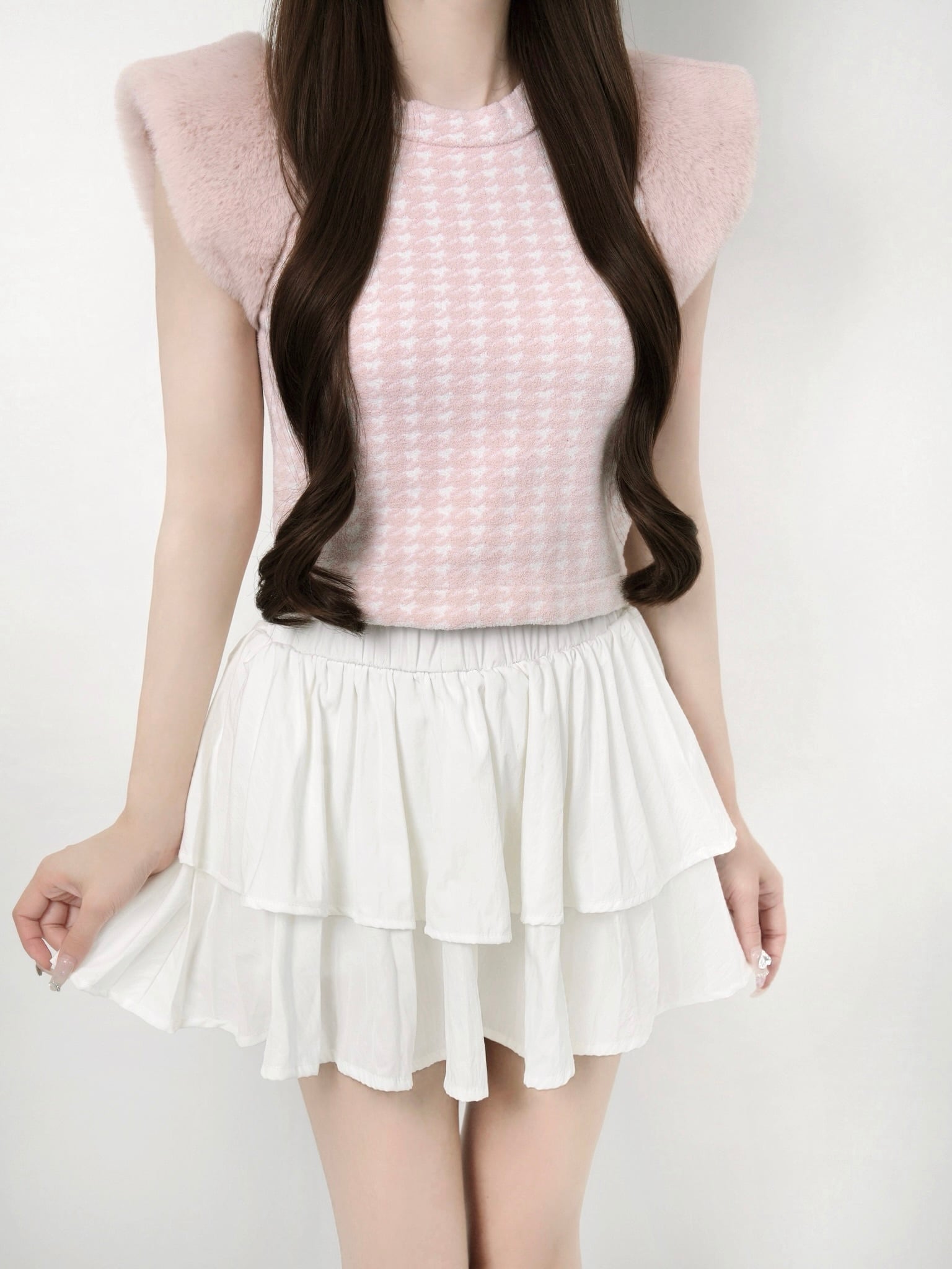 Houndstooth fur knit top
