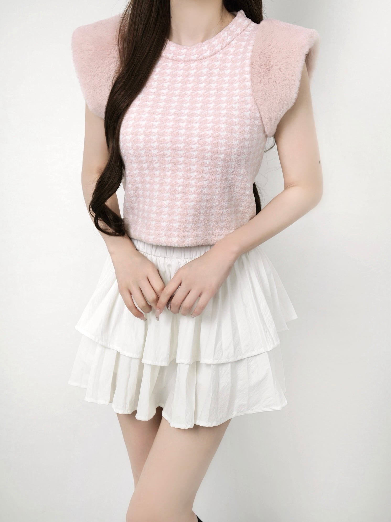 Houndstooth fur knit top
