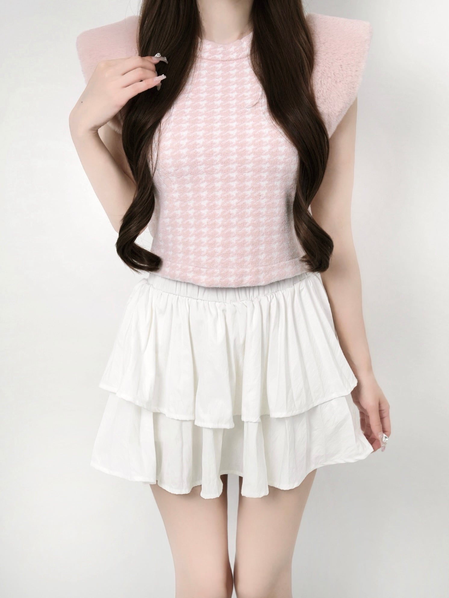Houndstooth fur knit top