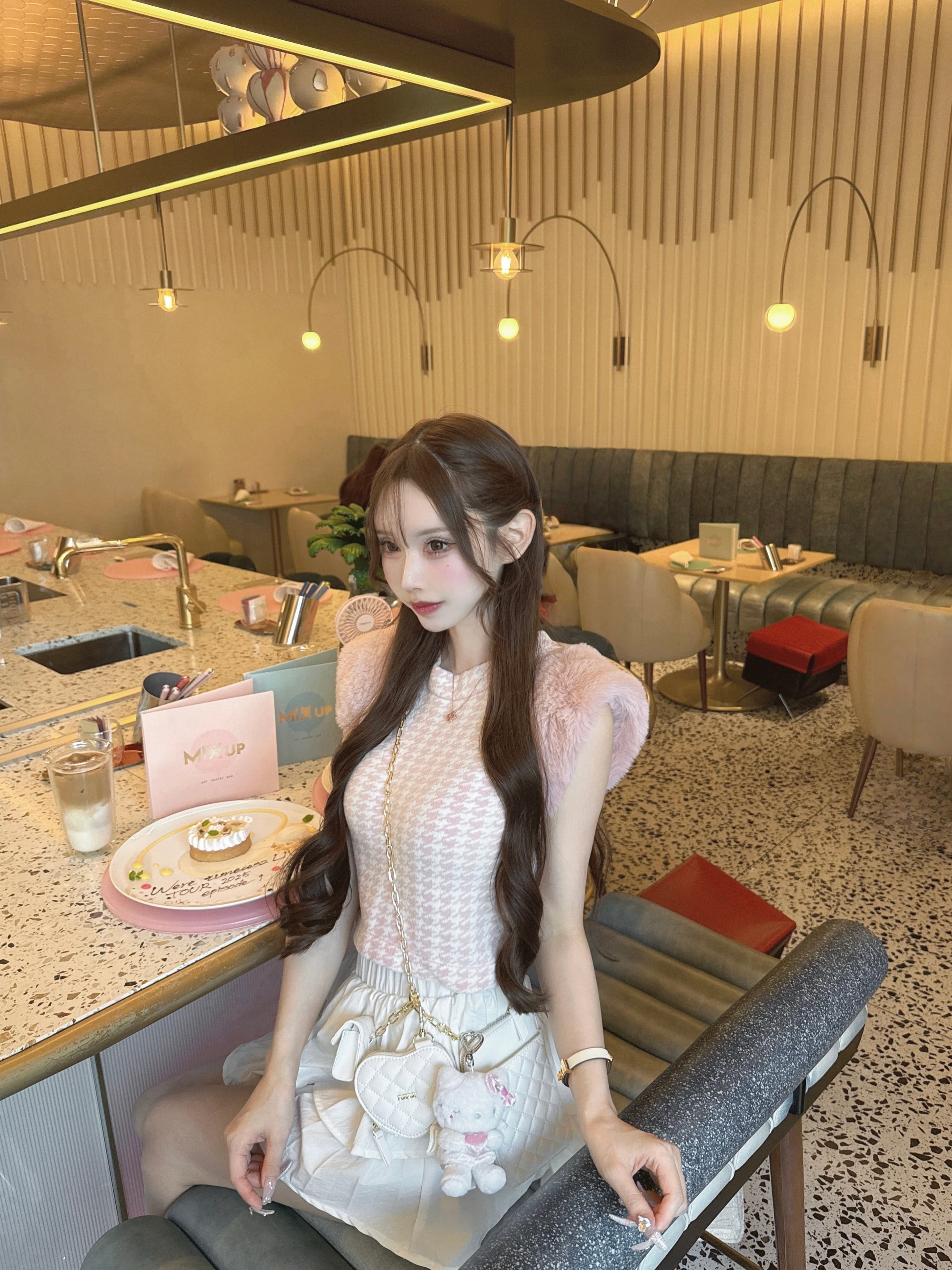 Houndstooth fur knit top