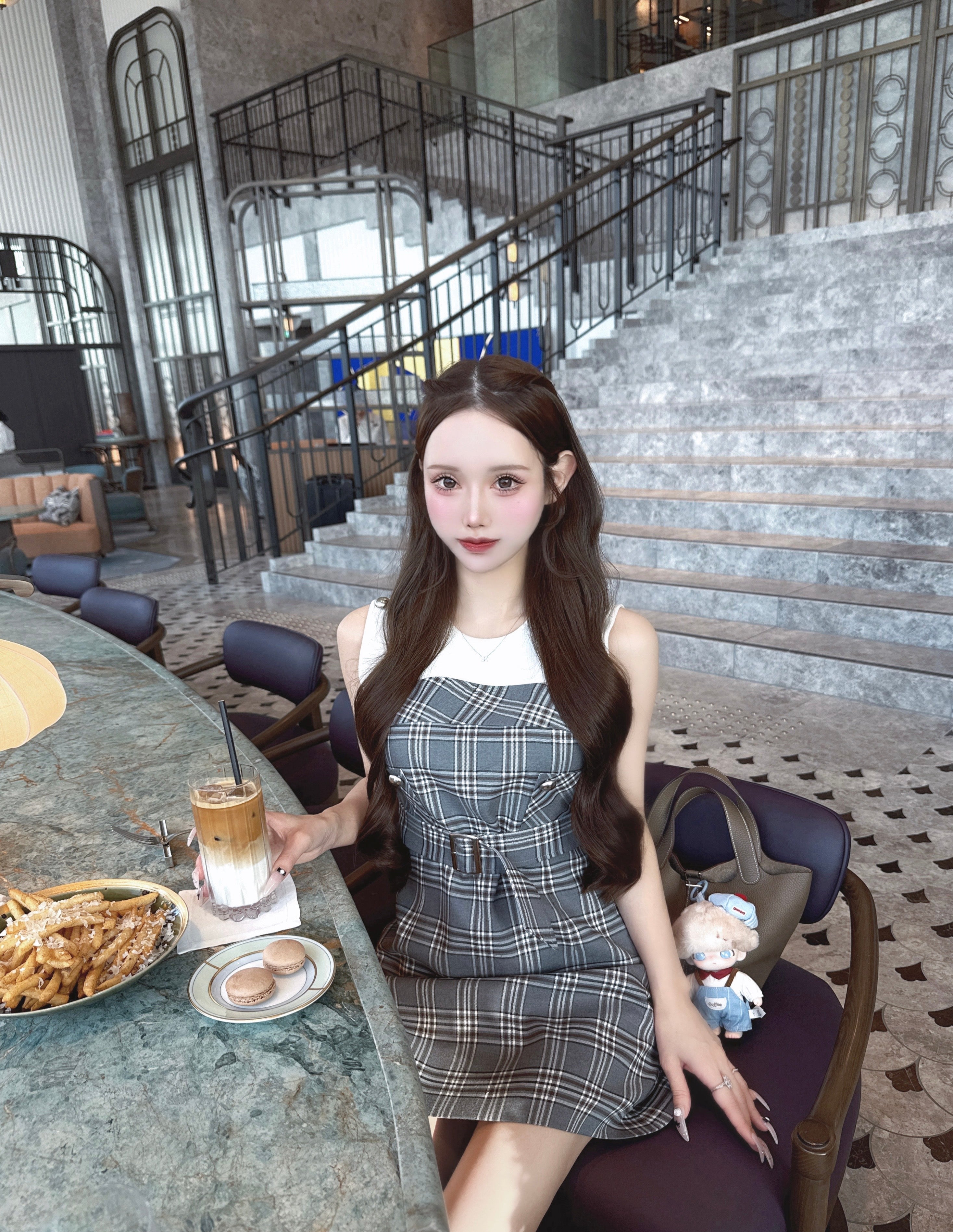 Layered check belt dress