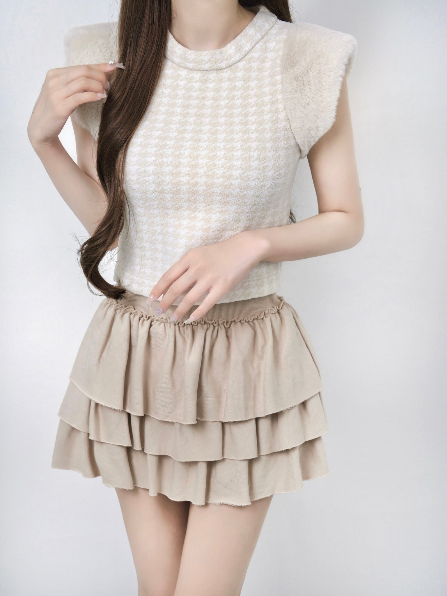 Houndstooth fur knit top