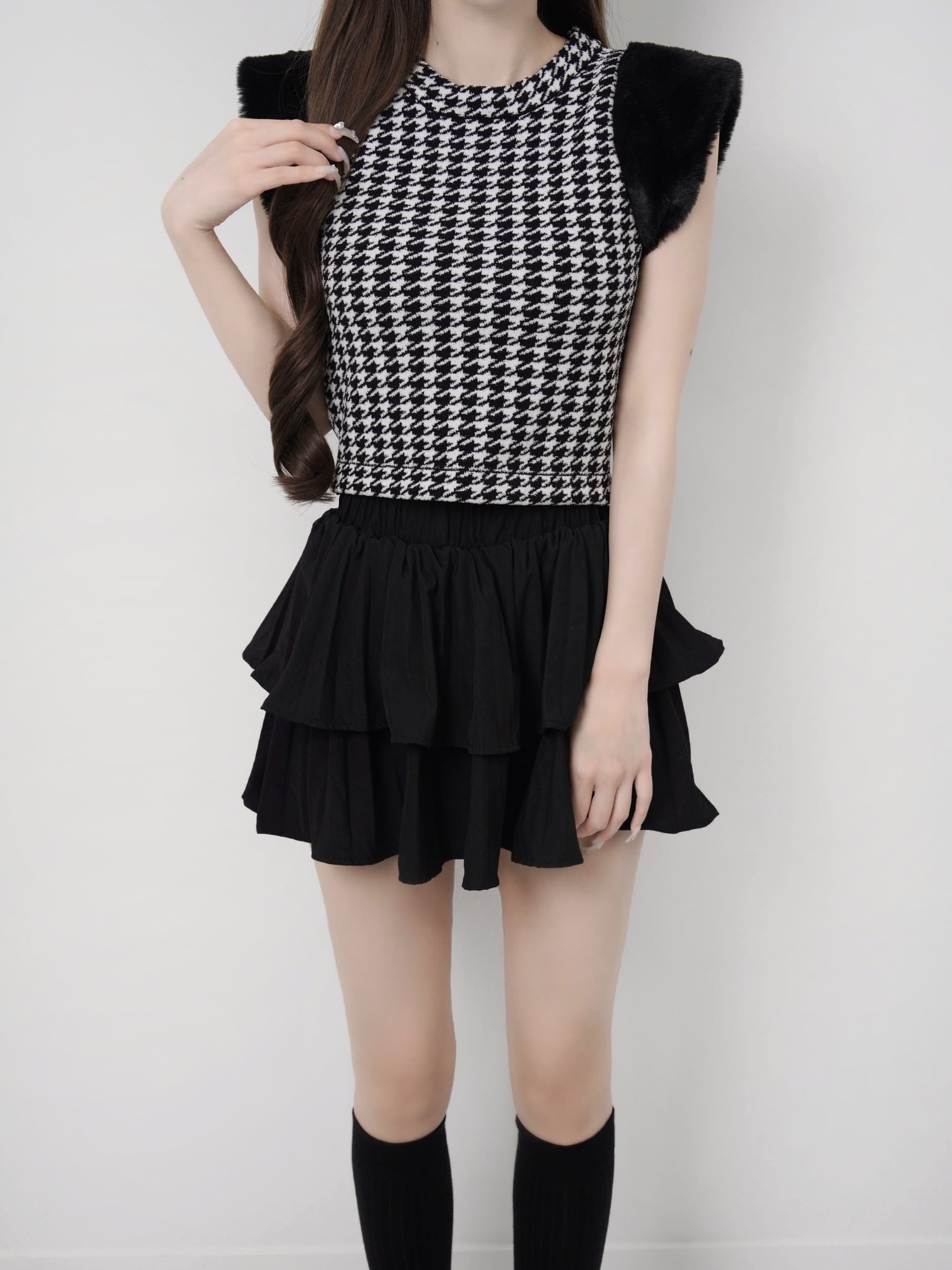 Houndstooth fur knit top