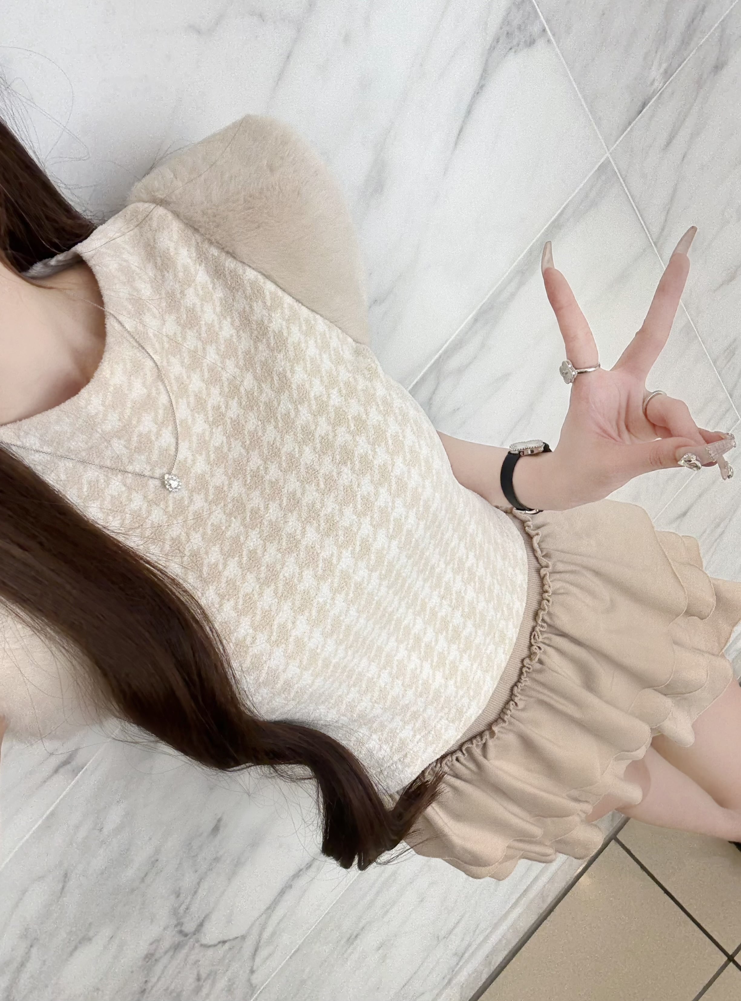 Houndstooth fur knit top