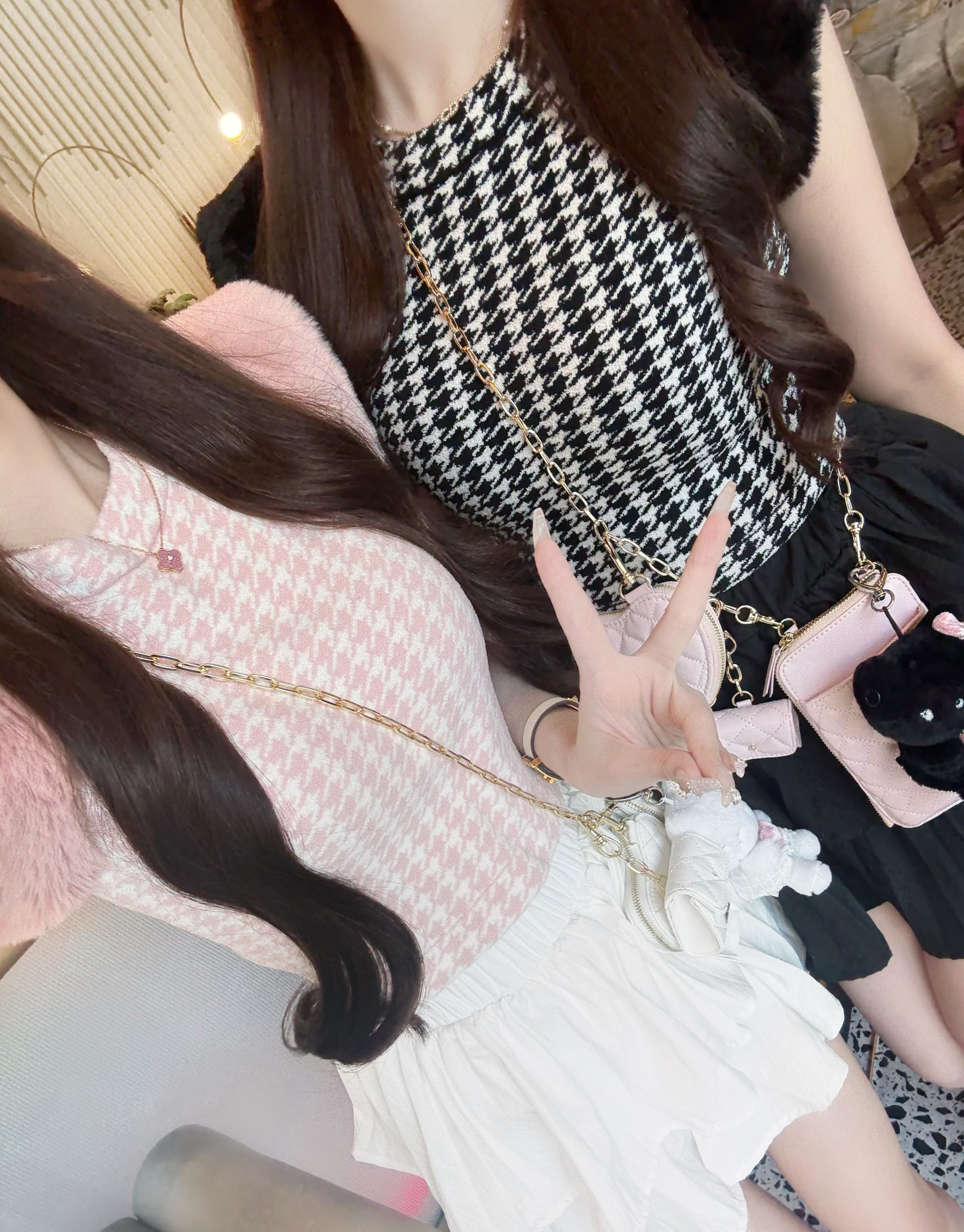 Houndstooth fur knit top