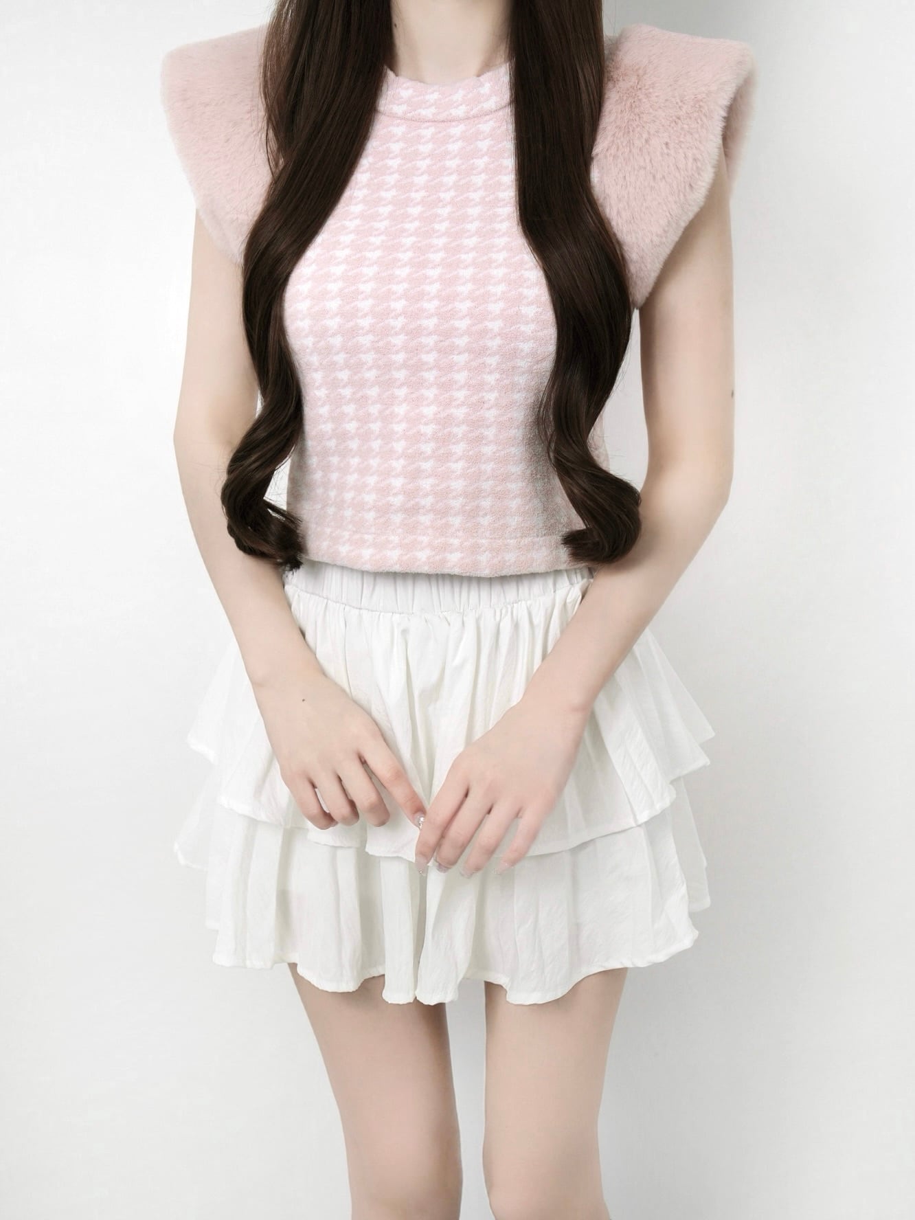Houndstooth fur knit top