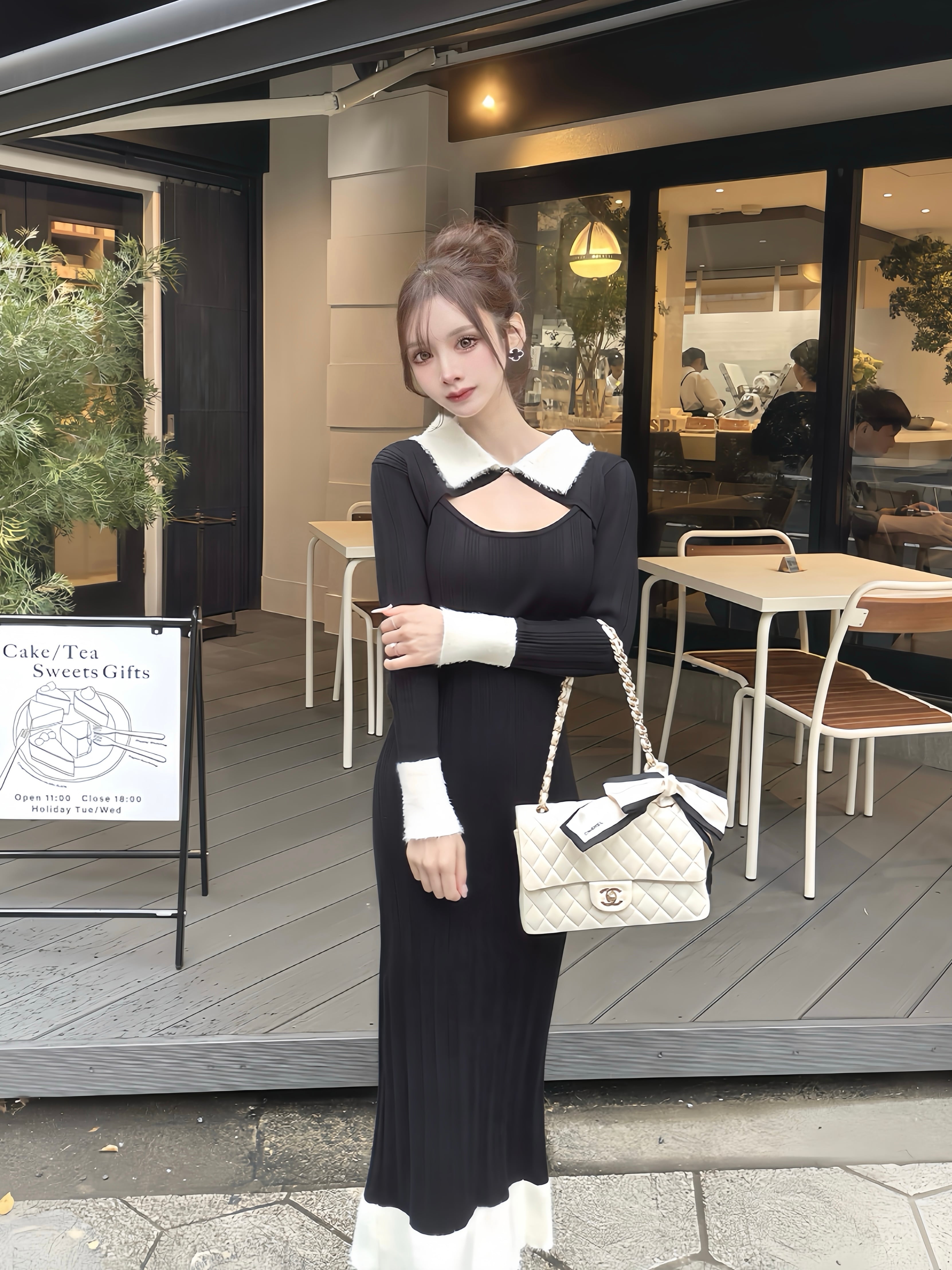 Bi color collar long onepiece