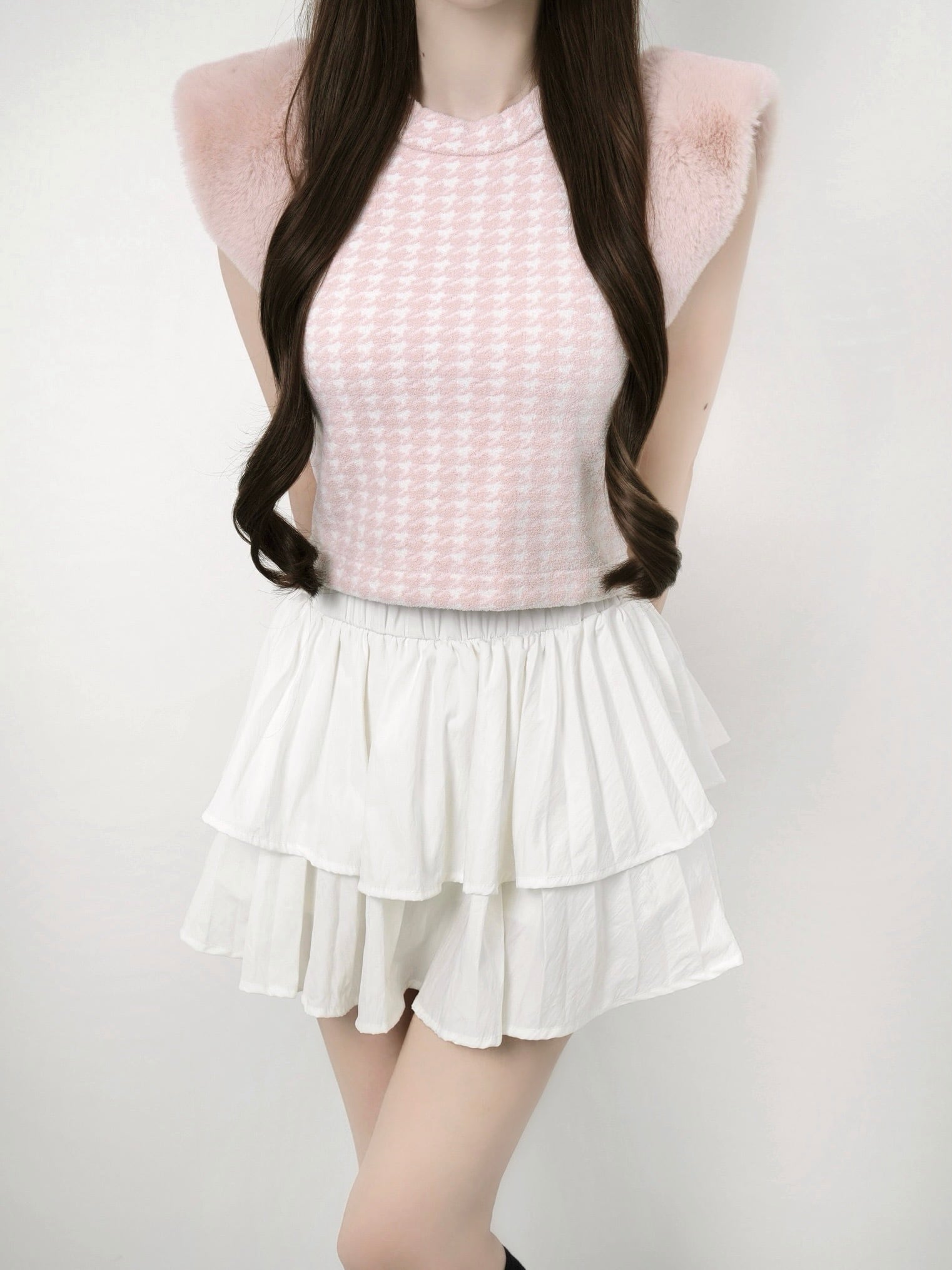 Houndstooth fur knit top