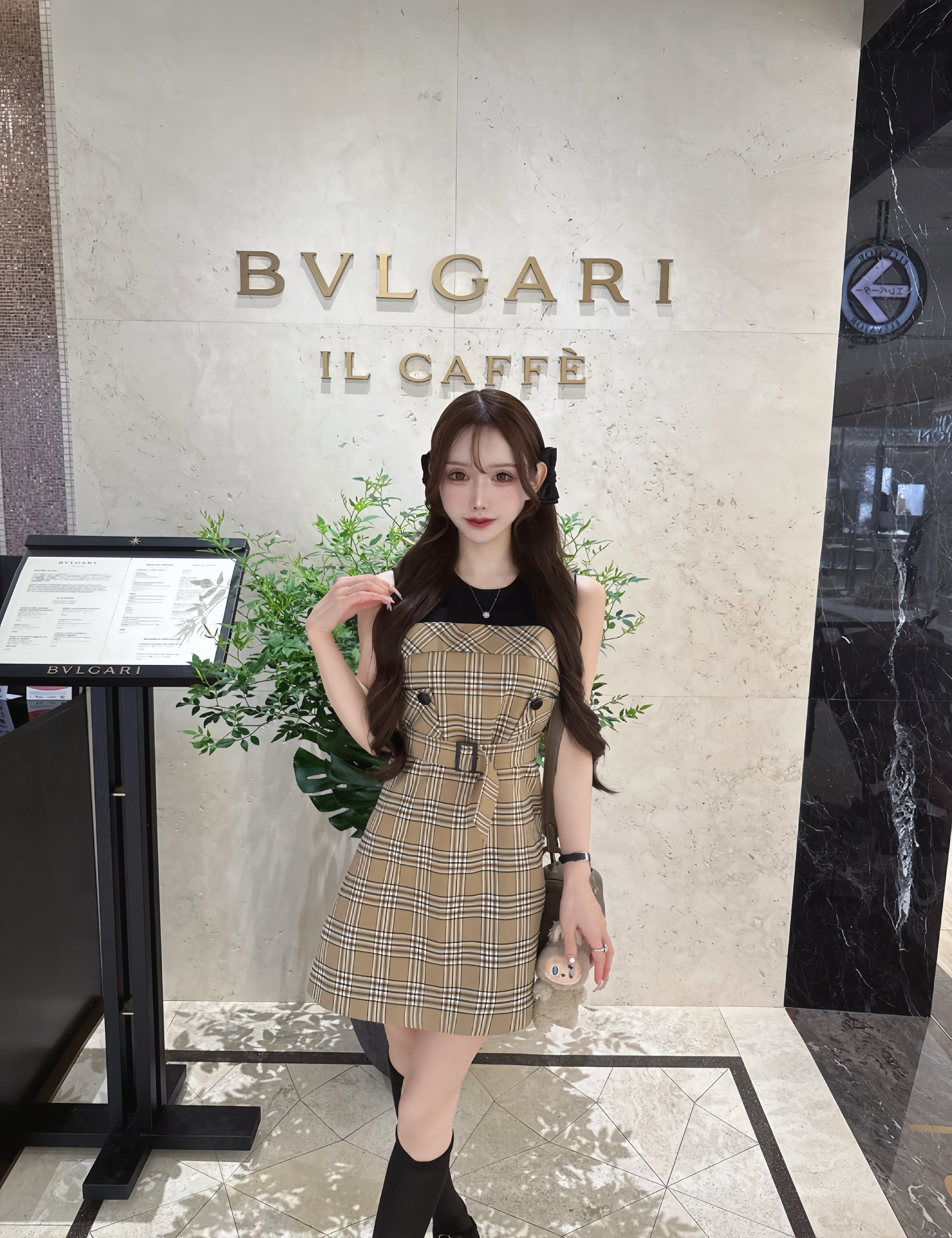Layered check belt dress