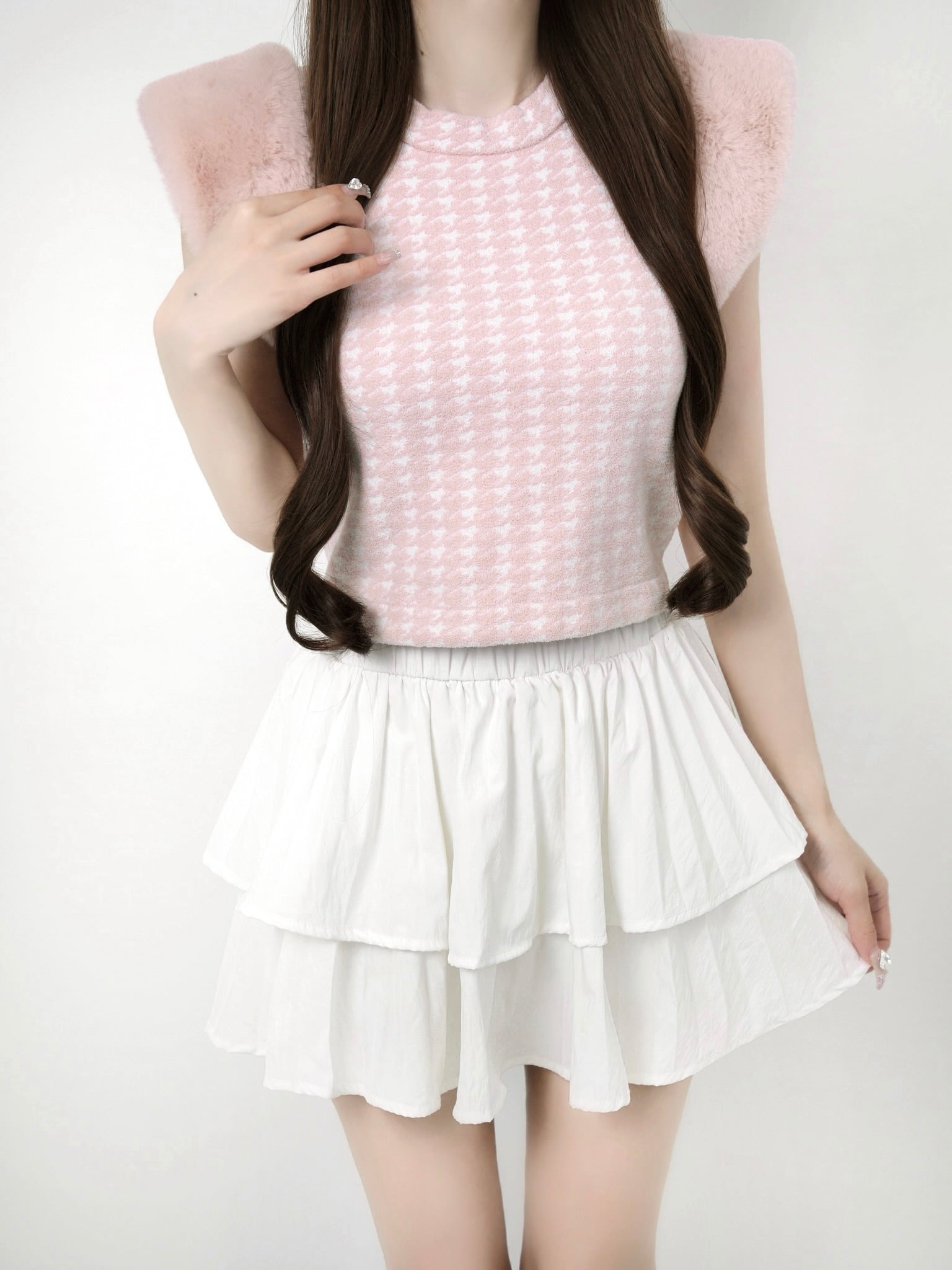 Houndstooth fur knit top