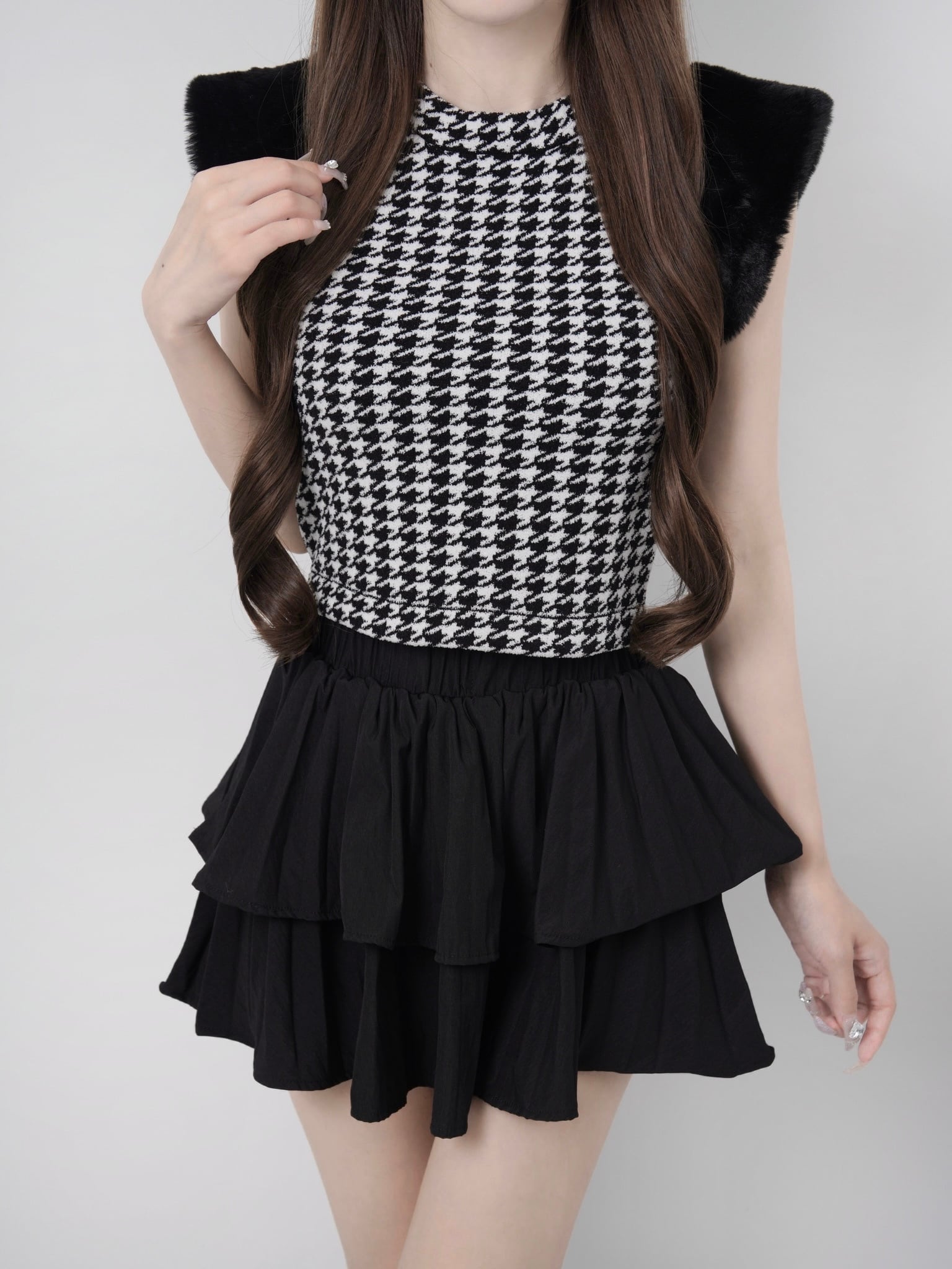 Houndstooth fur knit top