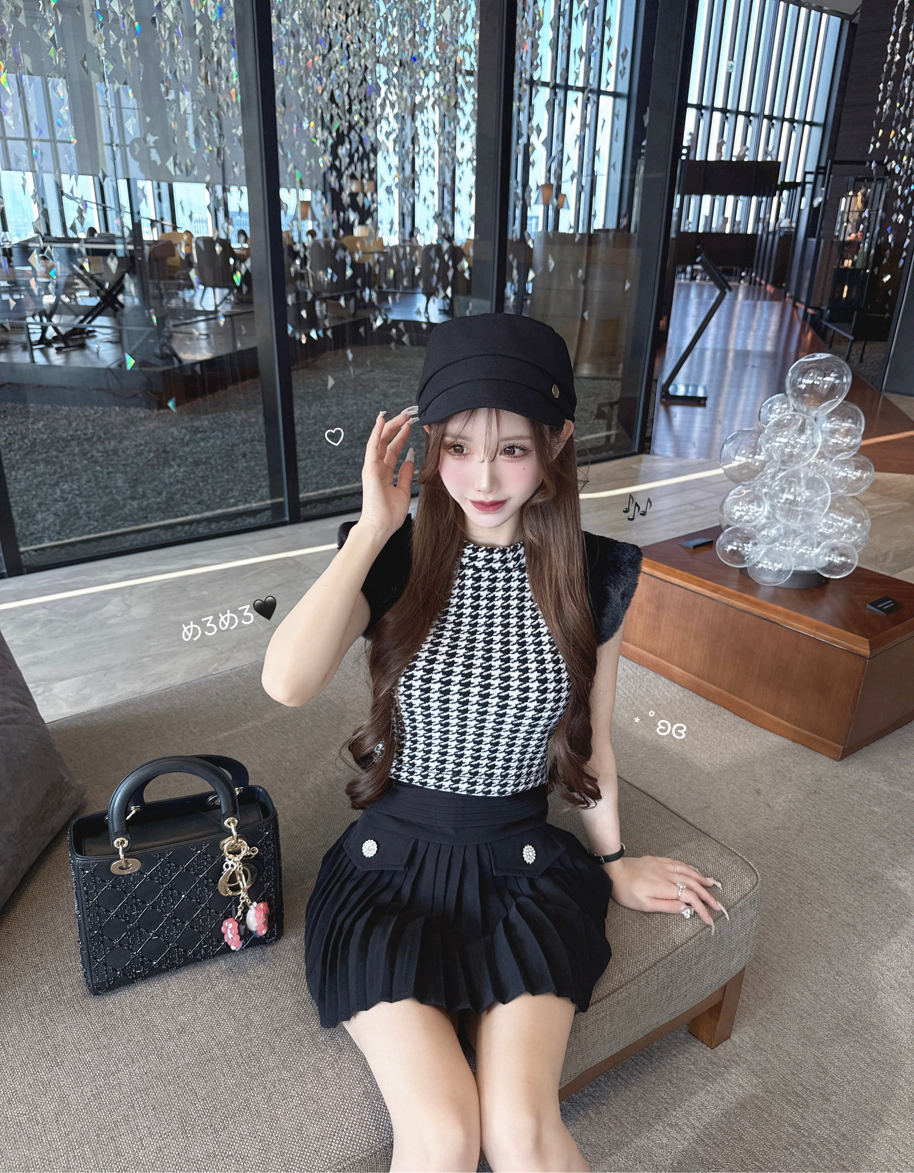 Houndstooth fur knit top