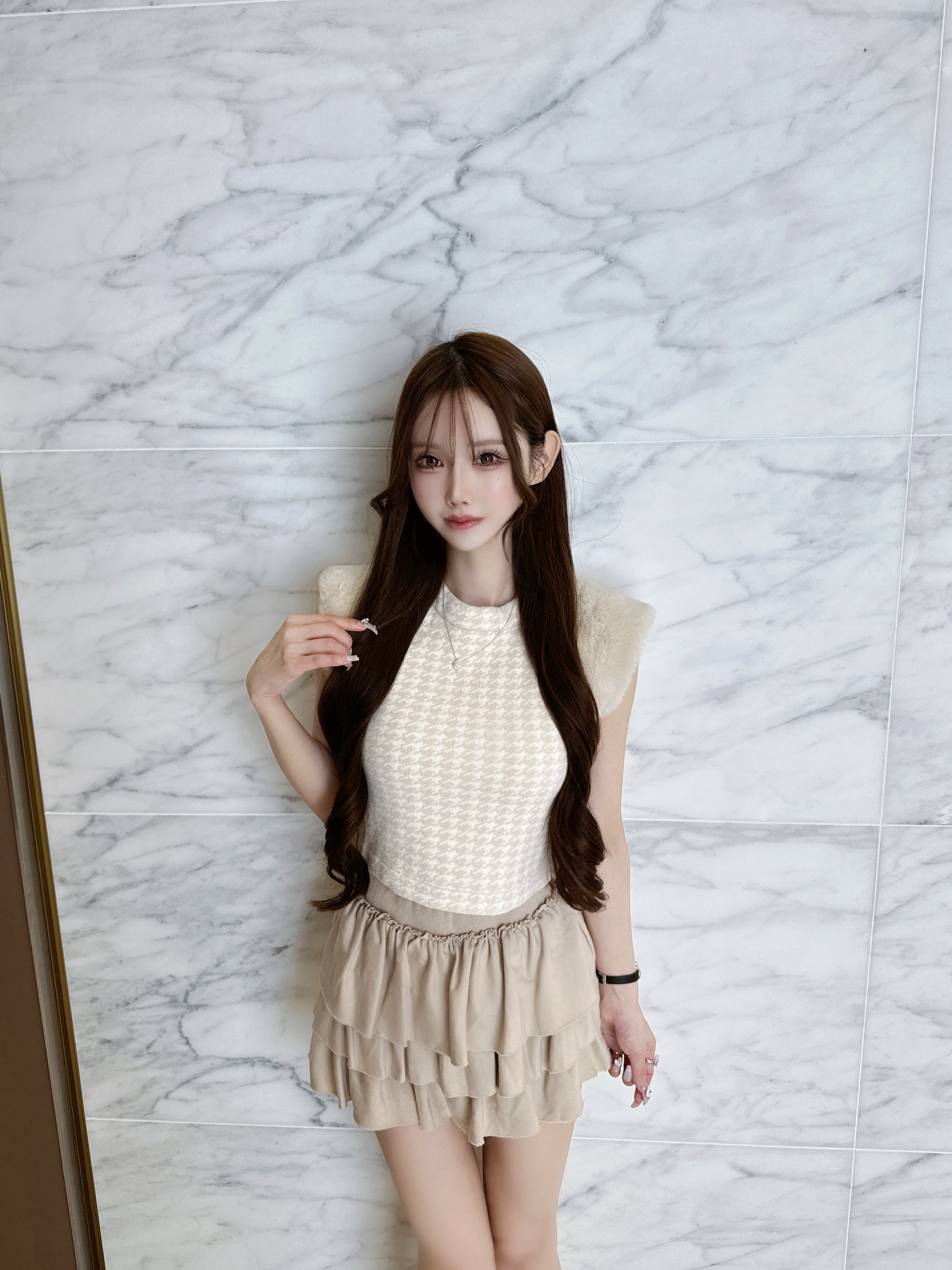 Houndstooth fur knit top