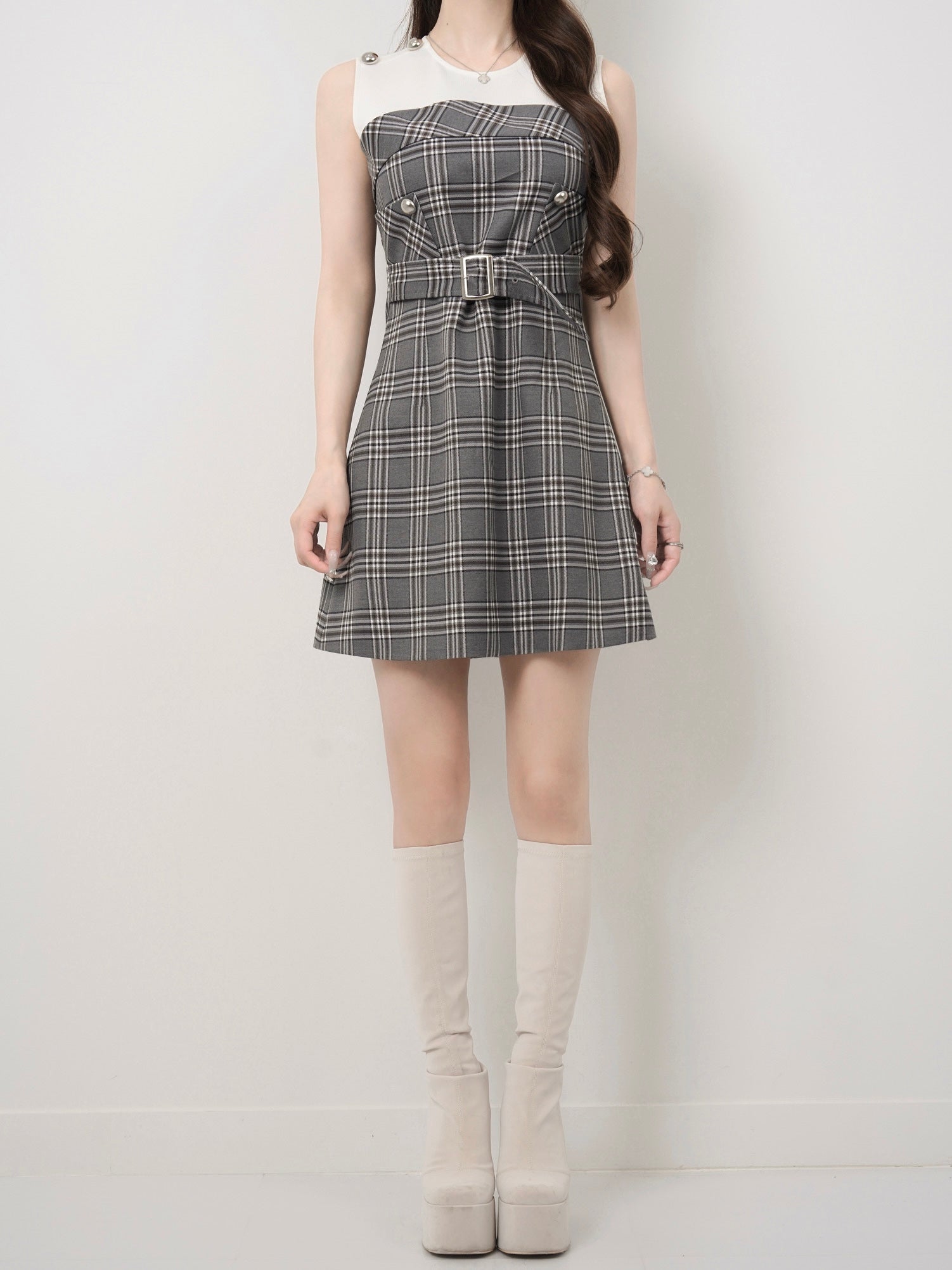 Layered check belt dress