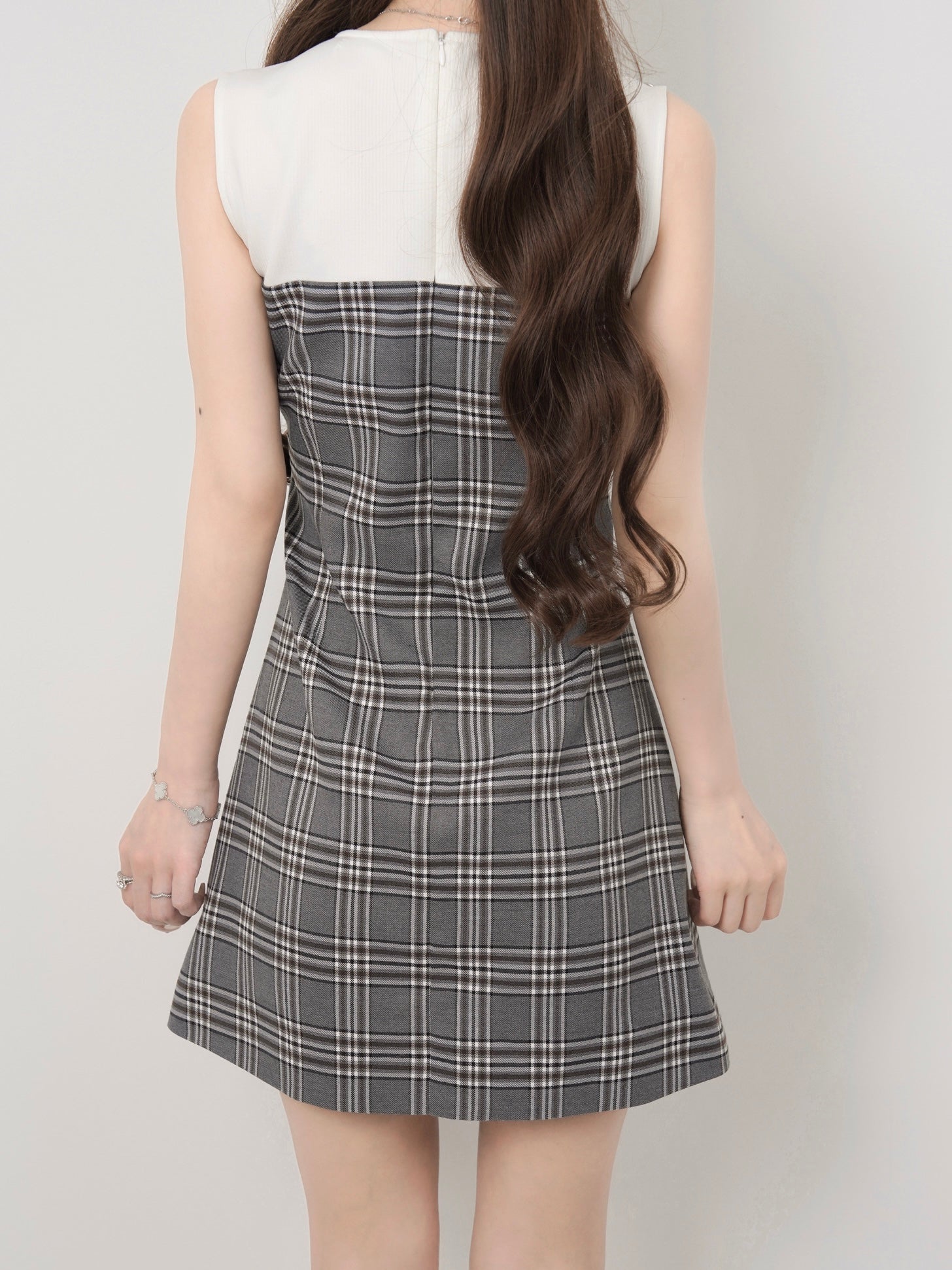 Layered check belt dress