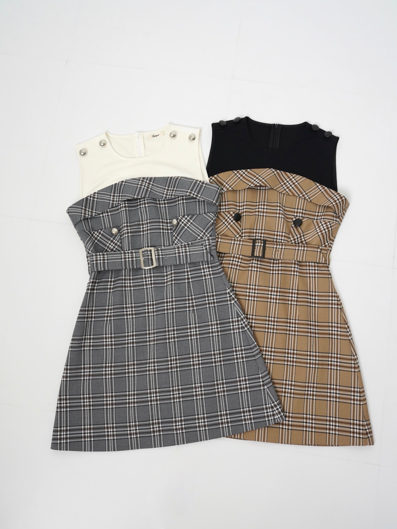 Layered check belt dress