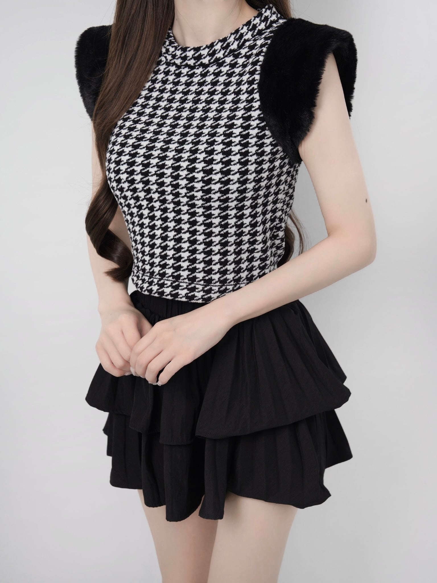 Houndstooth fur knit top