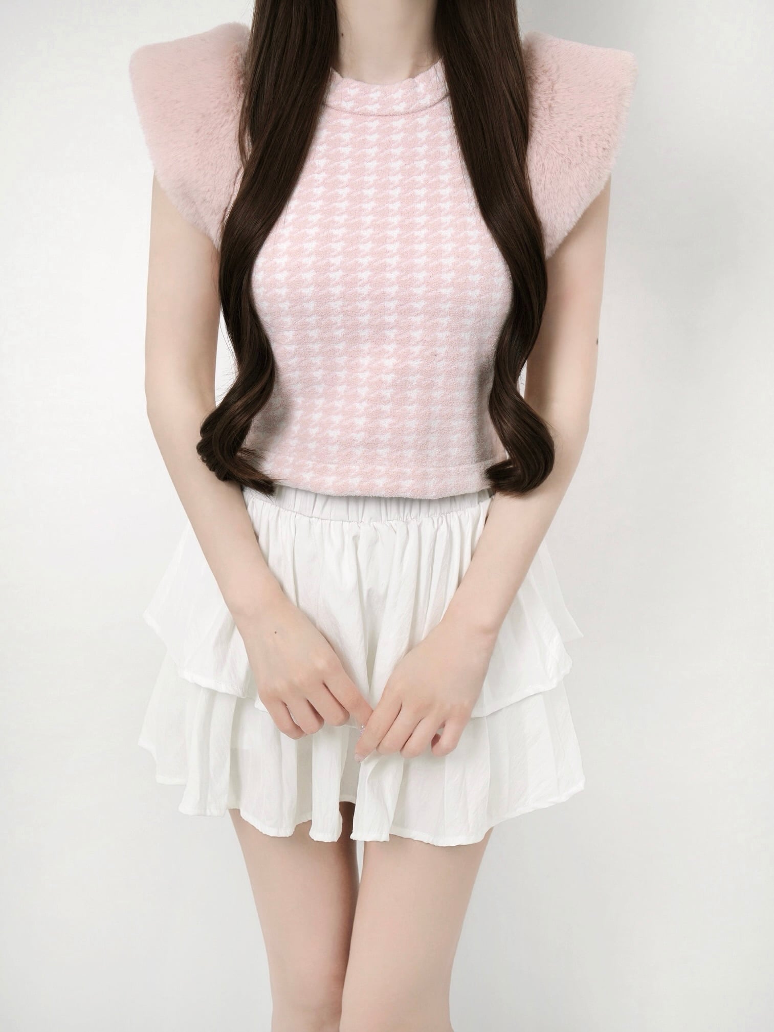 Houndstooth fur knit top