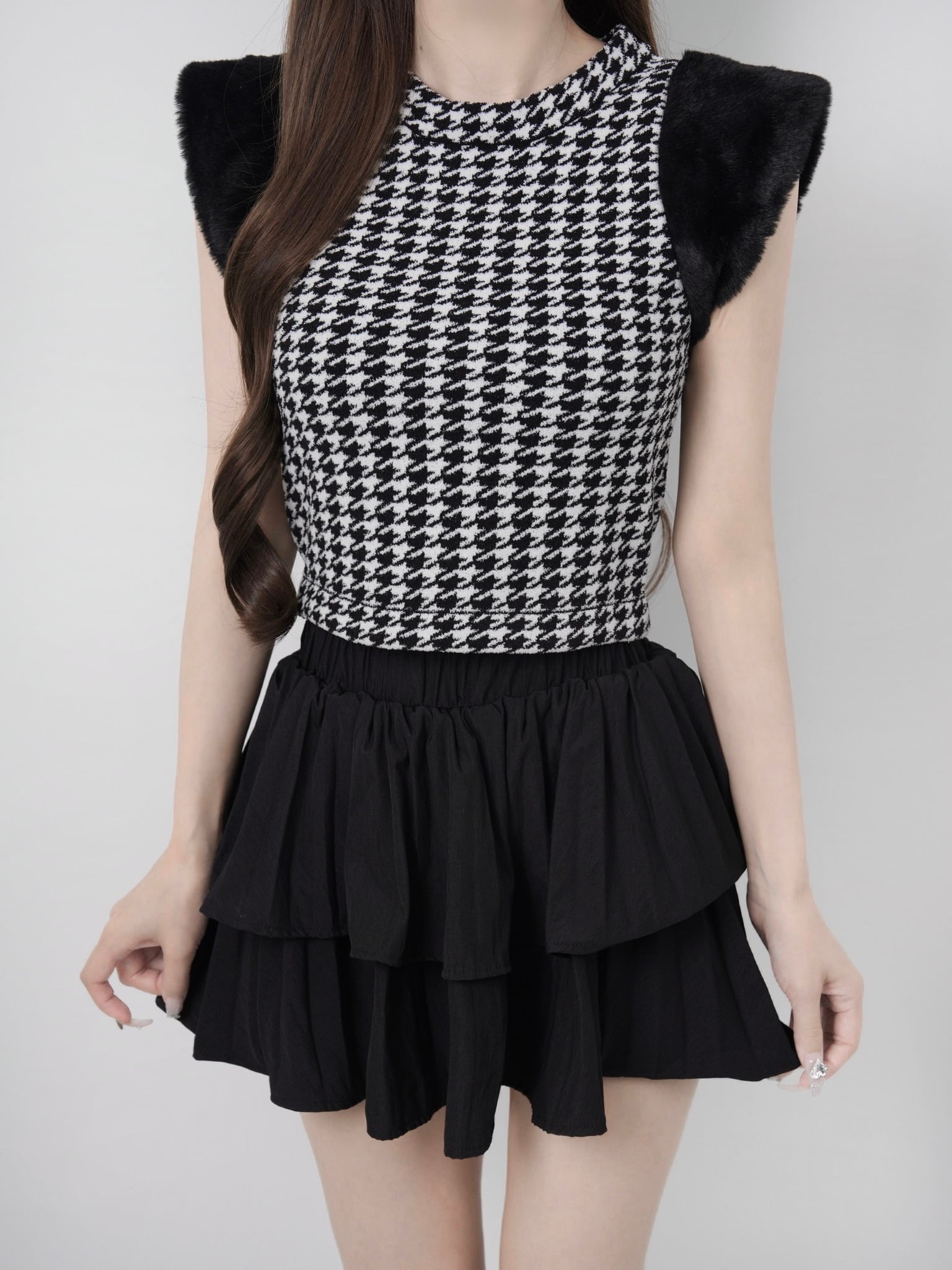 Houndstooth fur knit top