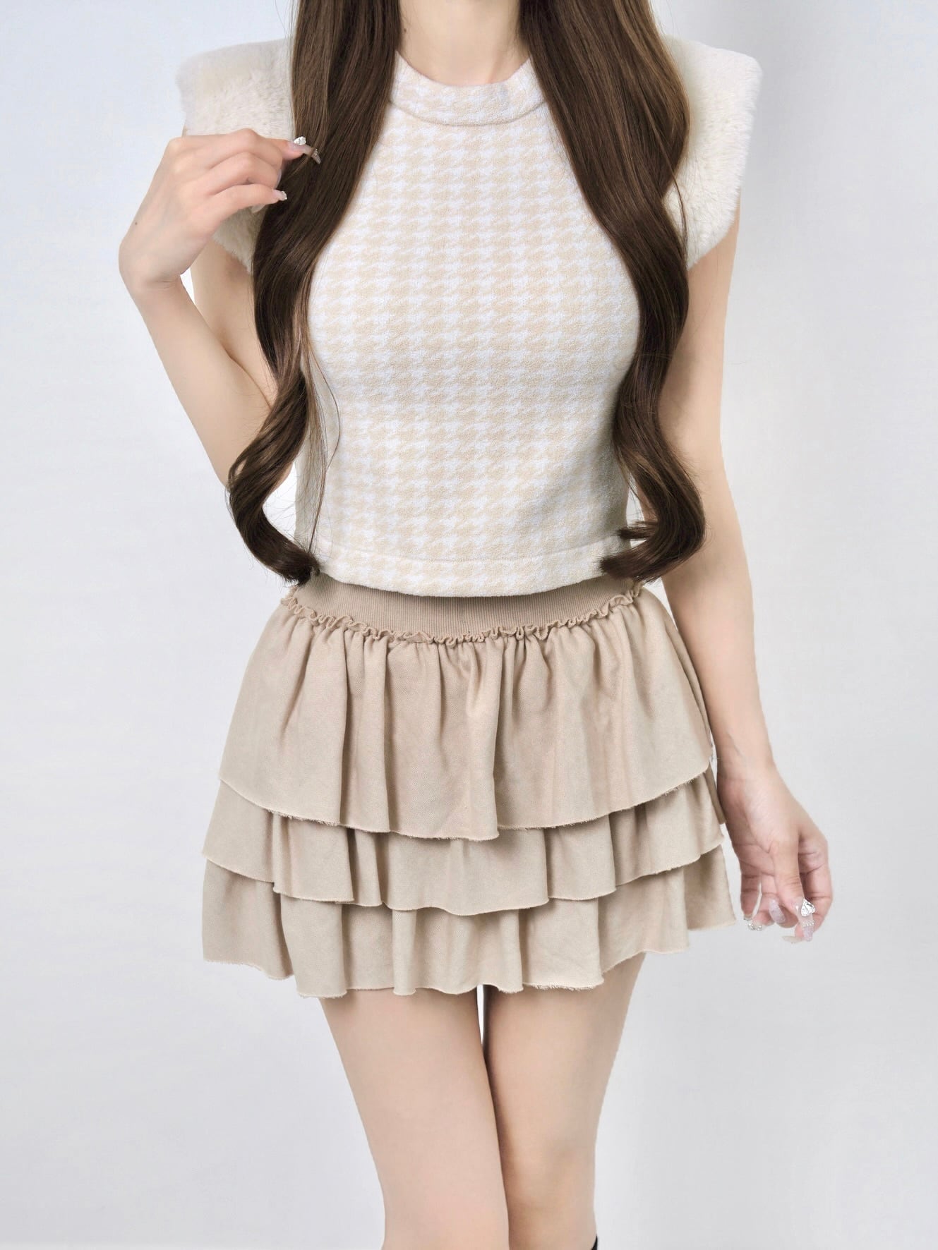 Houndstooth fur knit top
