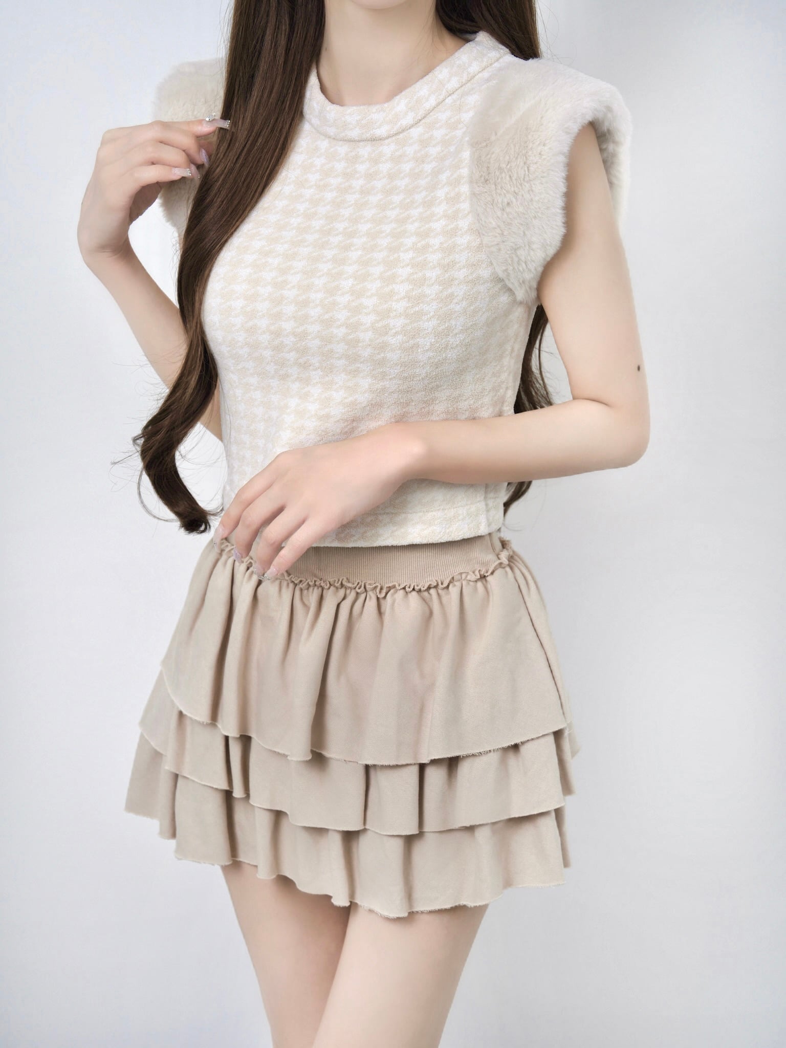 Houndstooth fur knit top