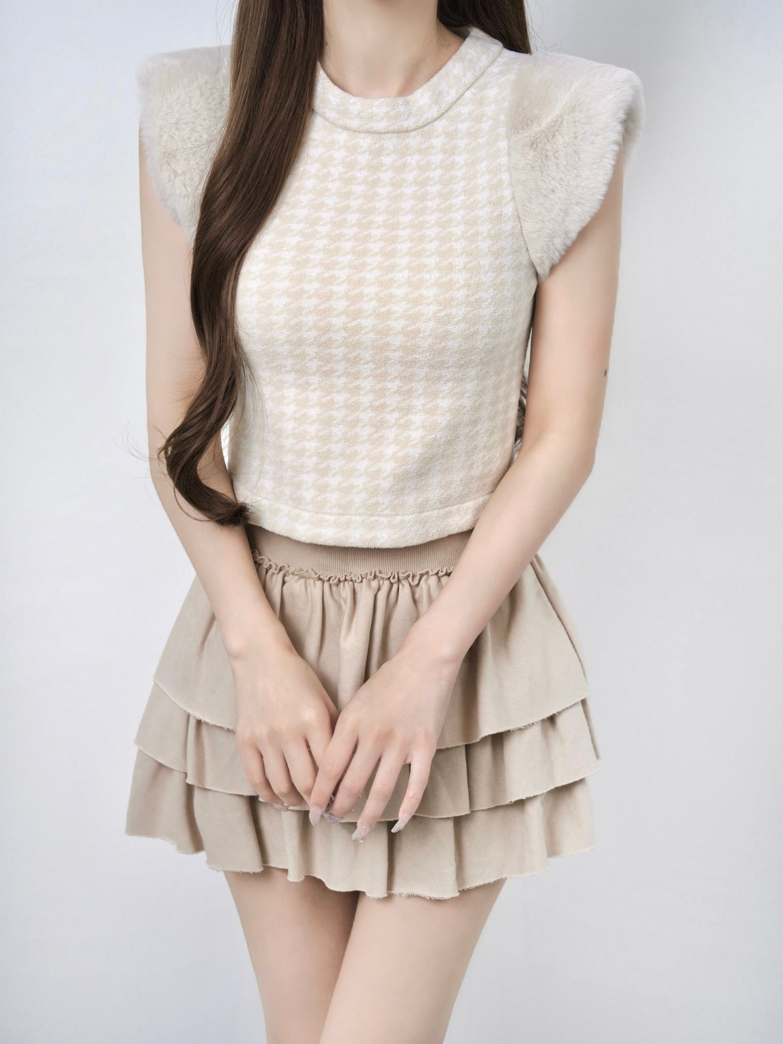 Houndstooth fur knit top