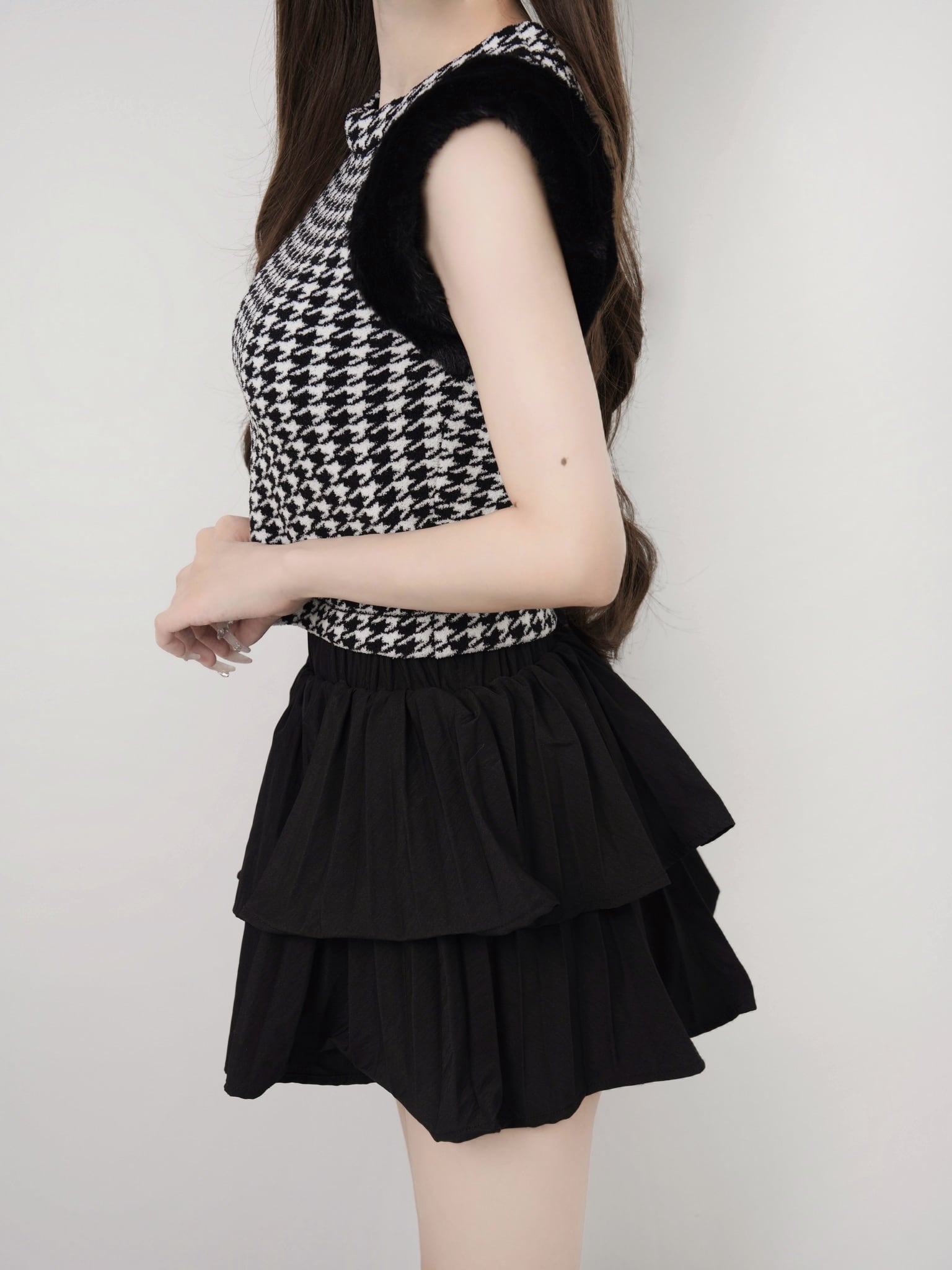 Houndstooth fur knit top