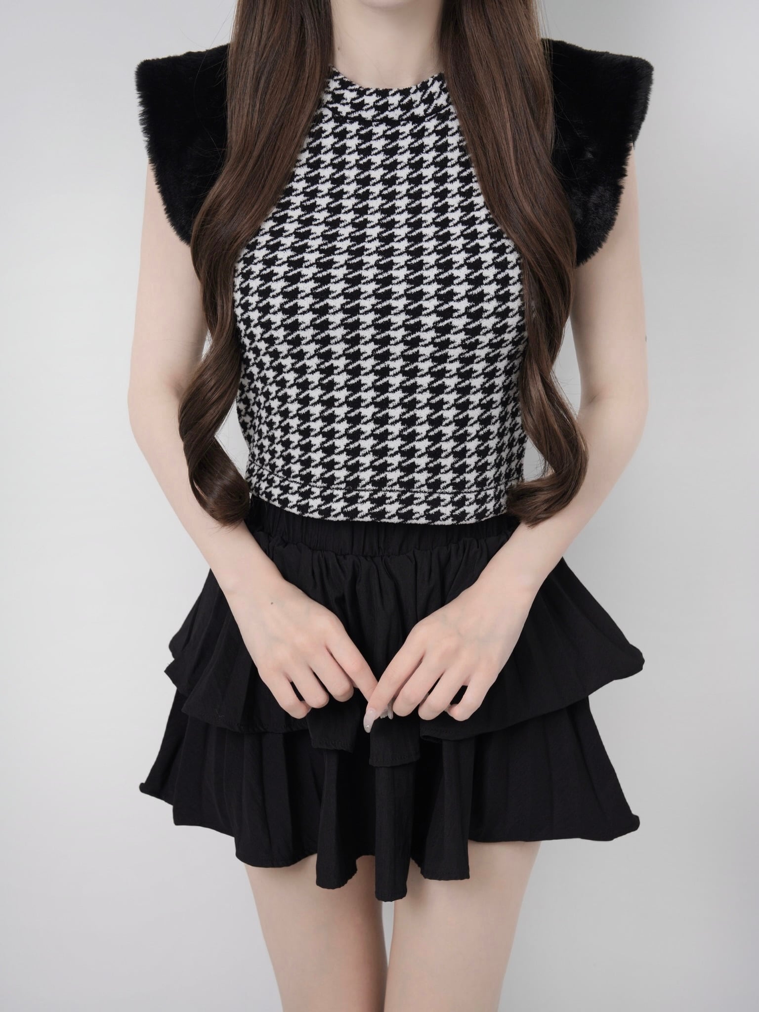 Houndstooth fur knit top