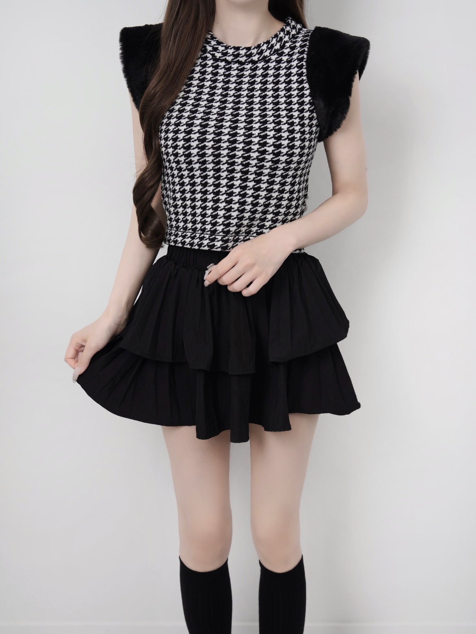 Houndstooth fur knit top