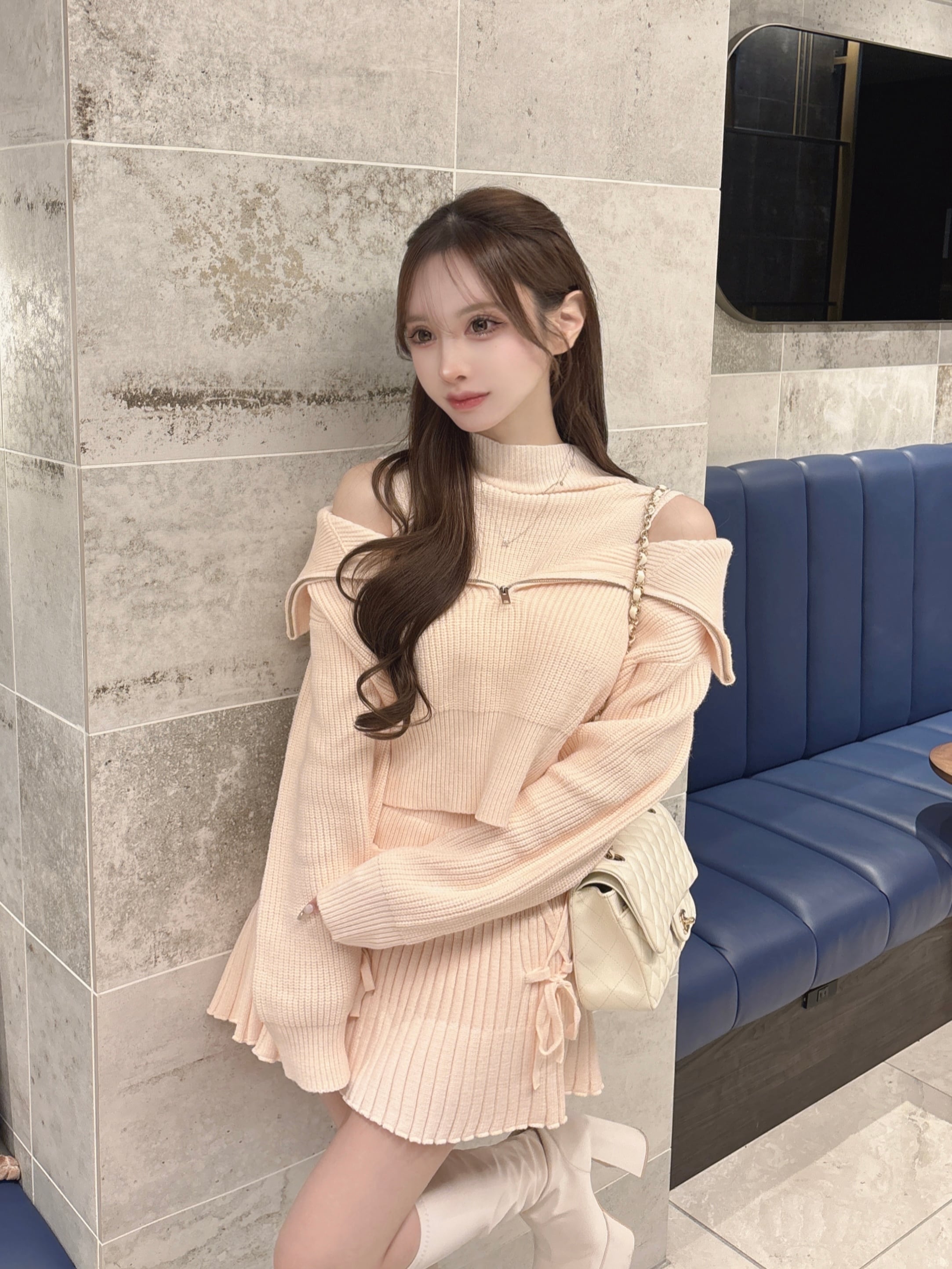 off shoulder zipper knit ribbon skirt set up