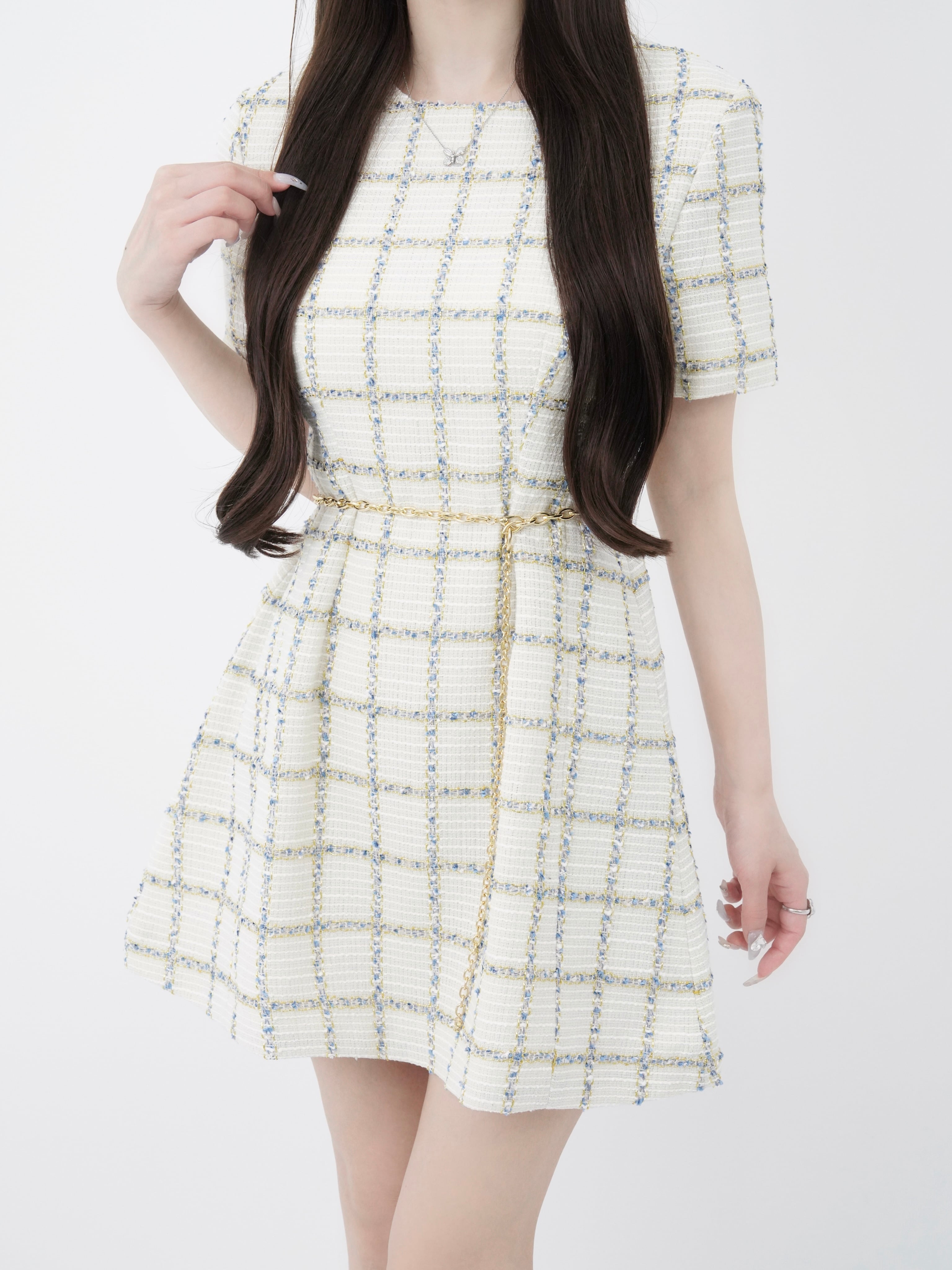 Blue tweed papillon chain flare dress