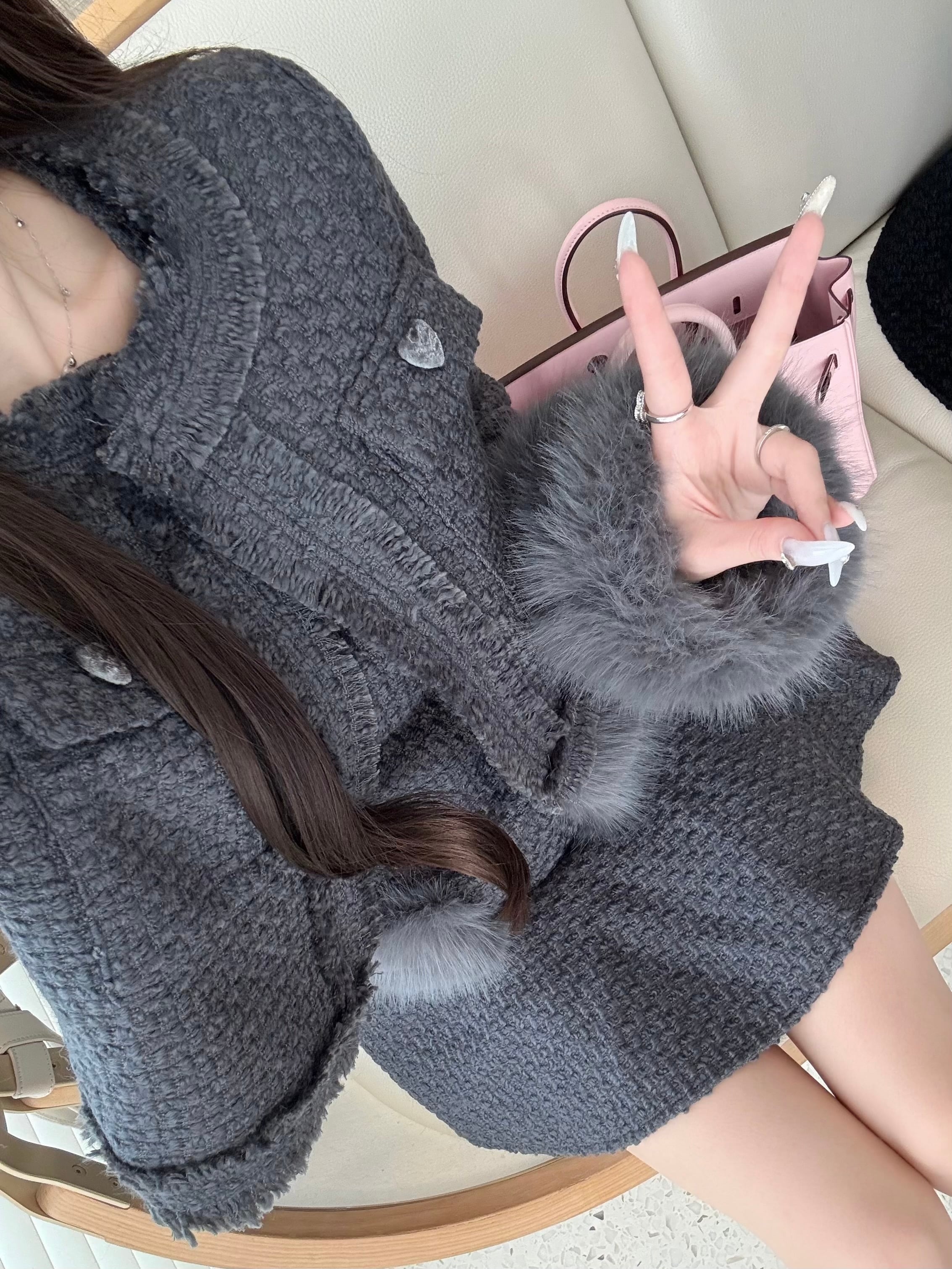 tweed fur snow jacket