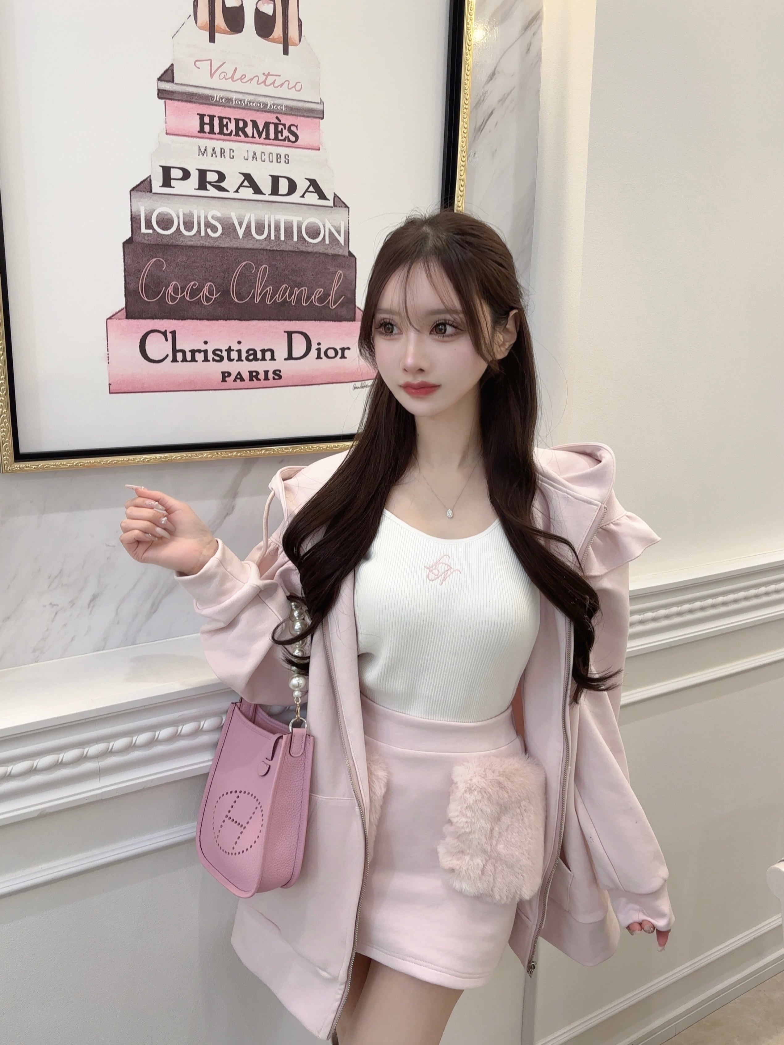 LN camisole + frill hoodie + pocket fur shirt 3set