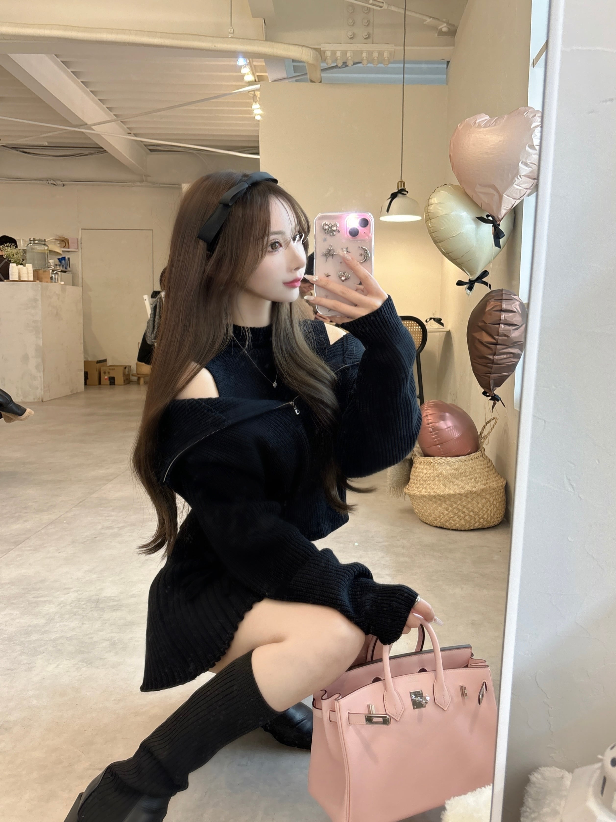 off shoulder zipper knit ribbon skirt set up