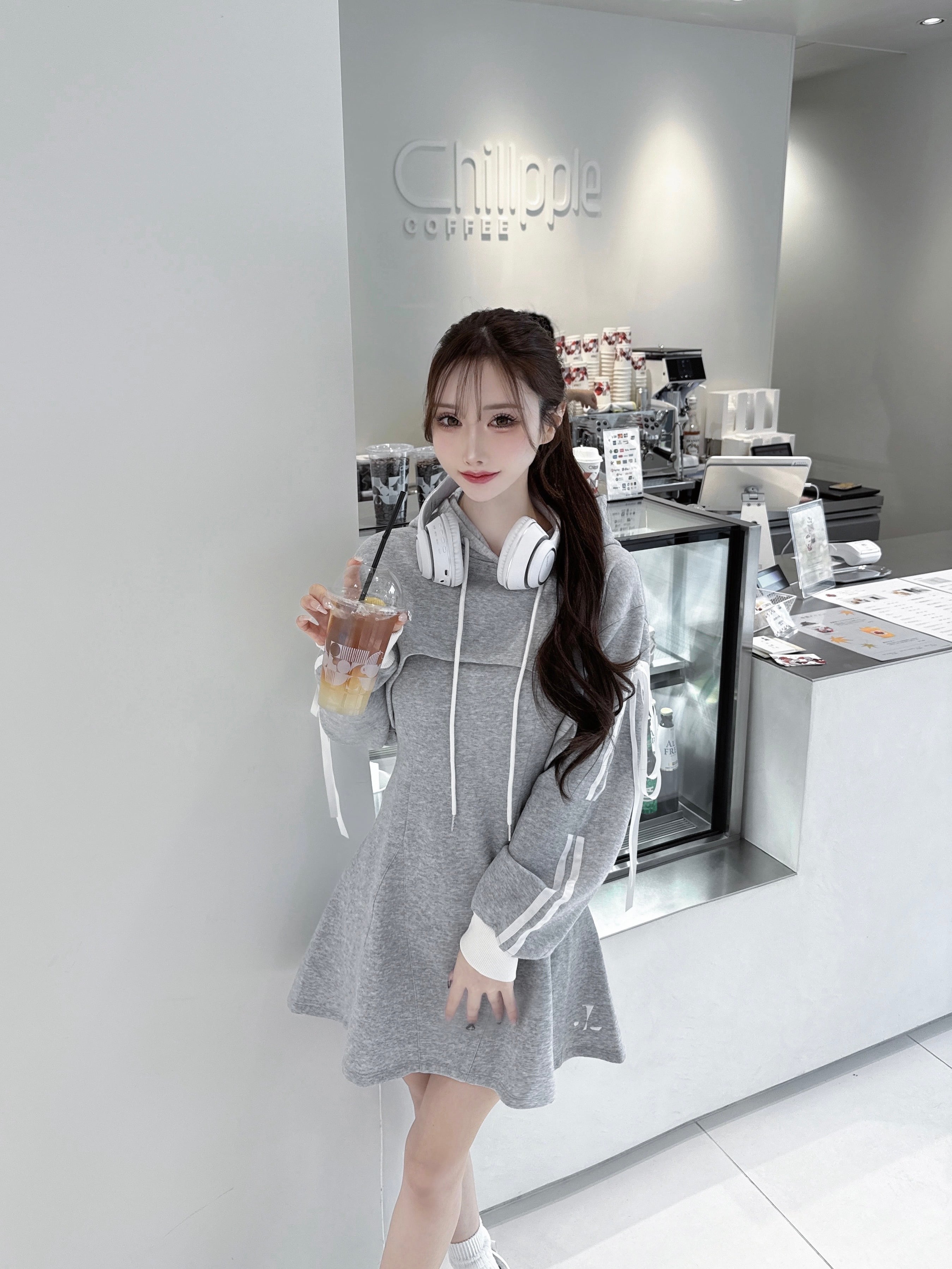 Ribbon sleeve layered hoodie dress