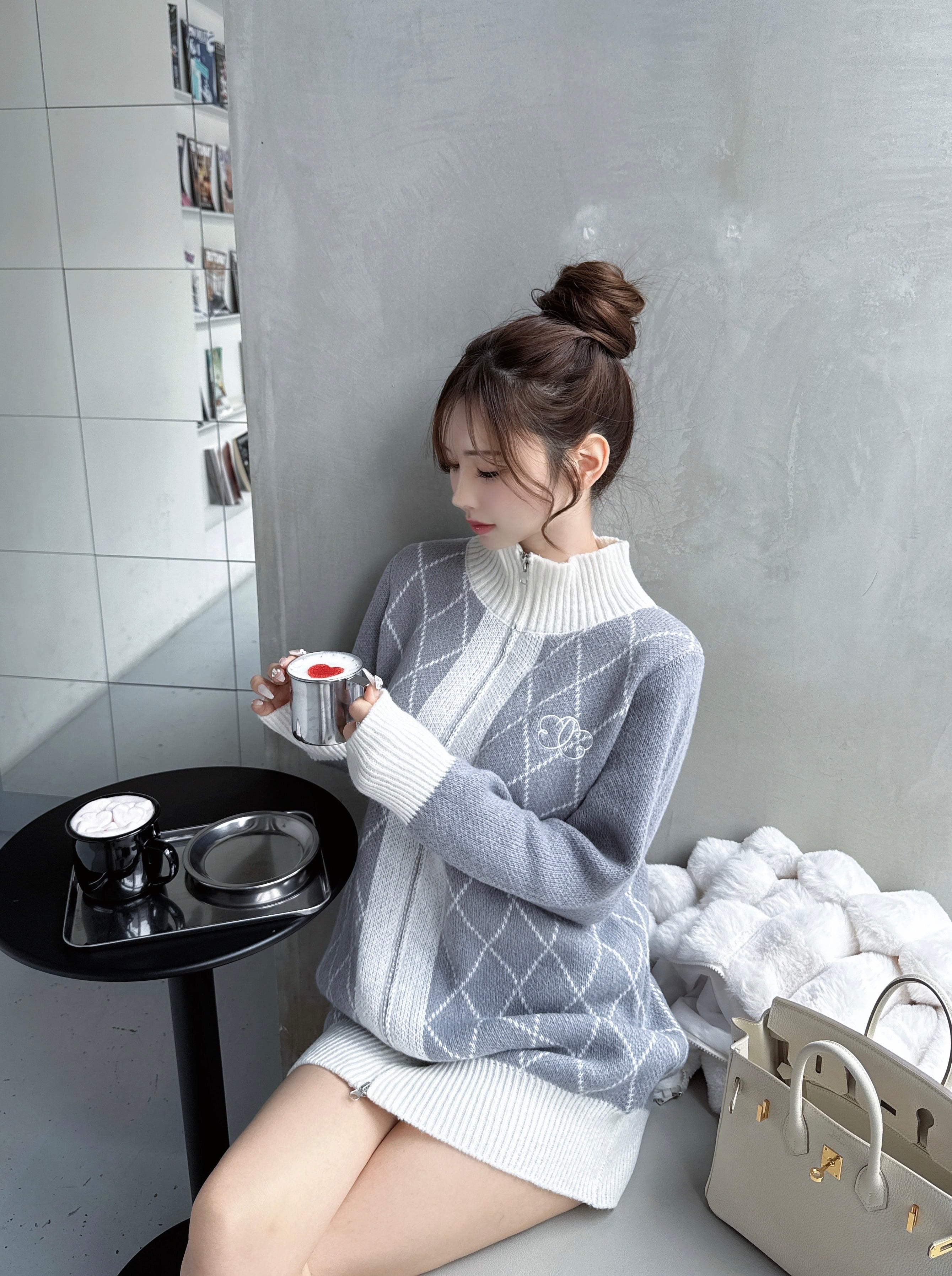 diagonal check papillon knit op