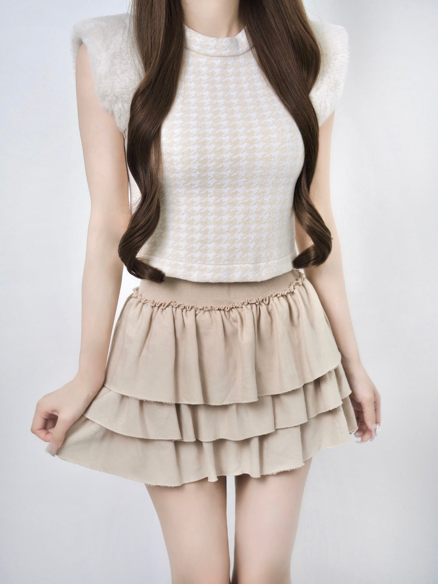 Houndstooth fur knit top