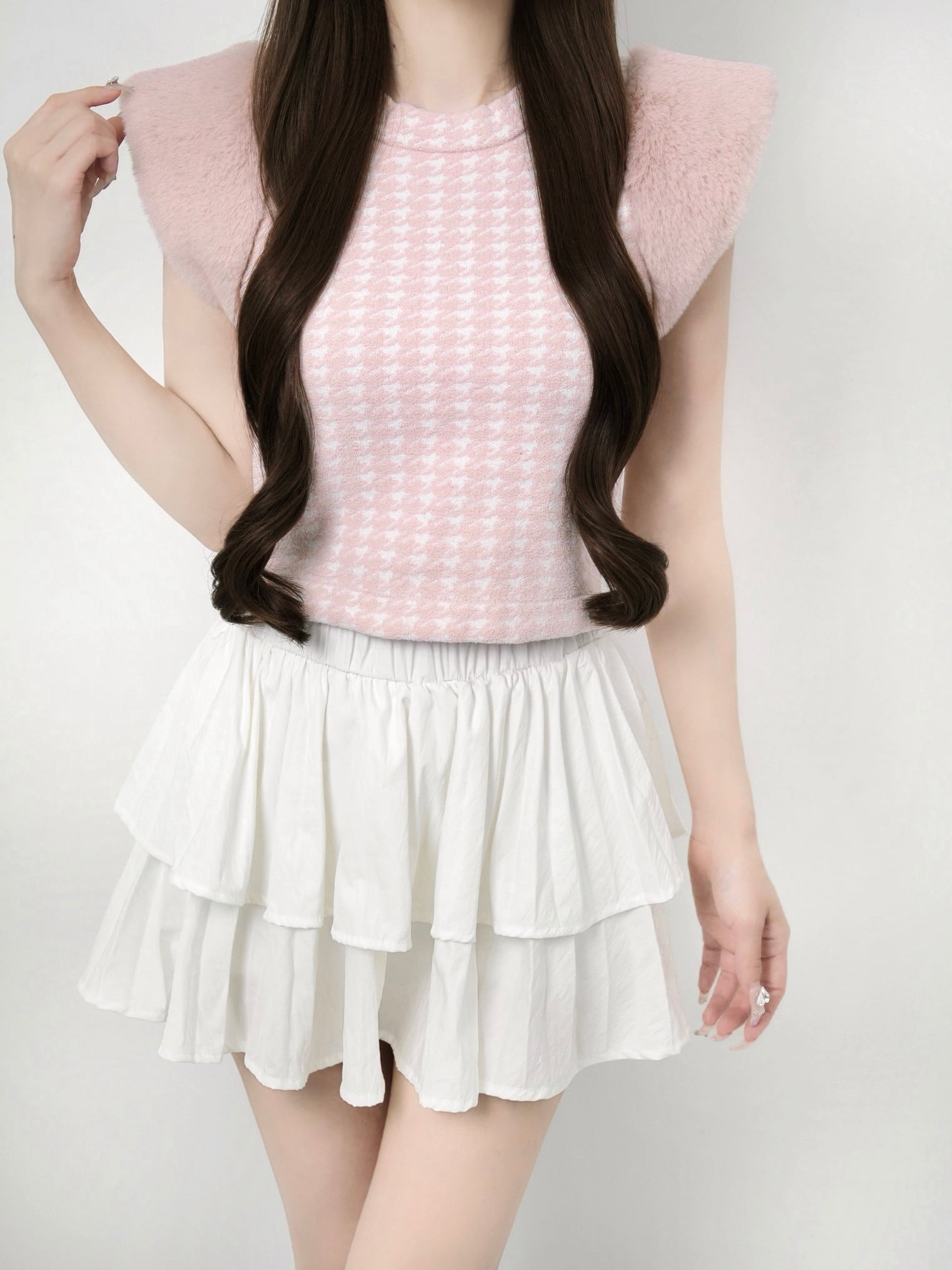 Houndstooth fur knit top