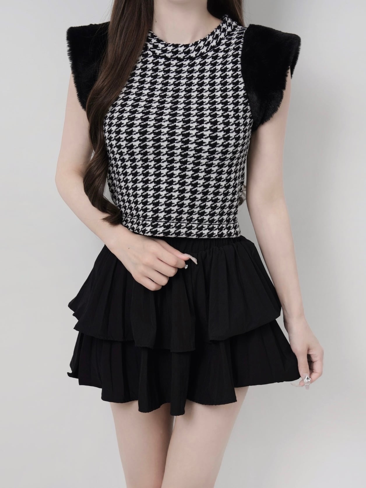 Houndstooth fur knit top
