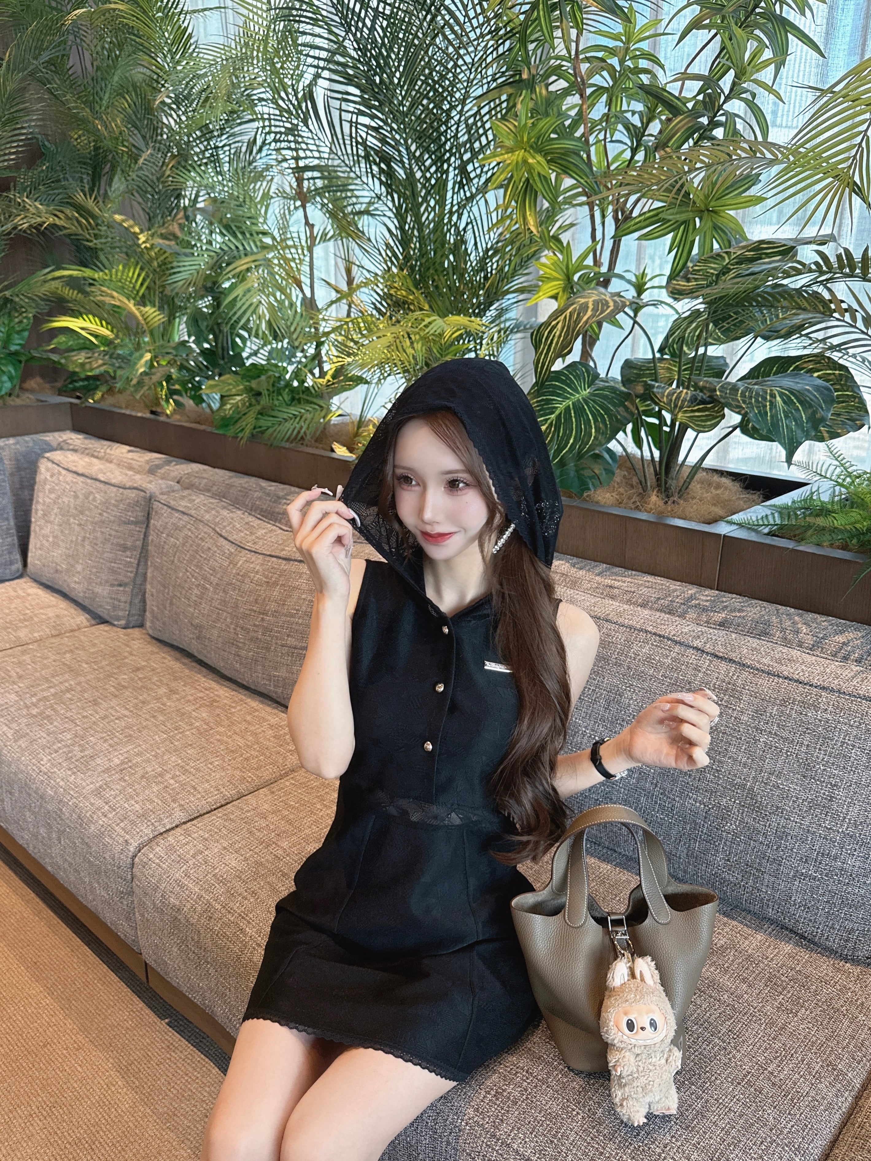 Lace hoodie flare dress