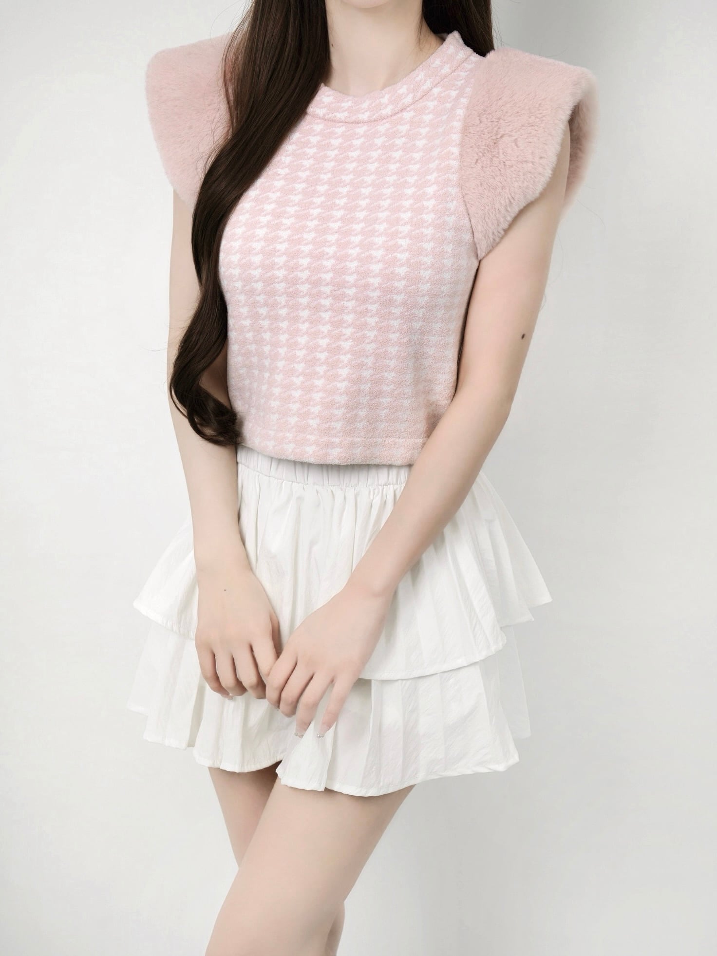 Houndstooth fur knit top